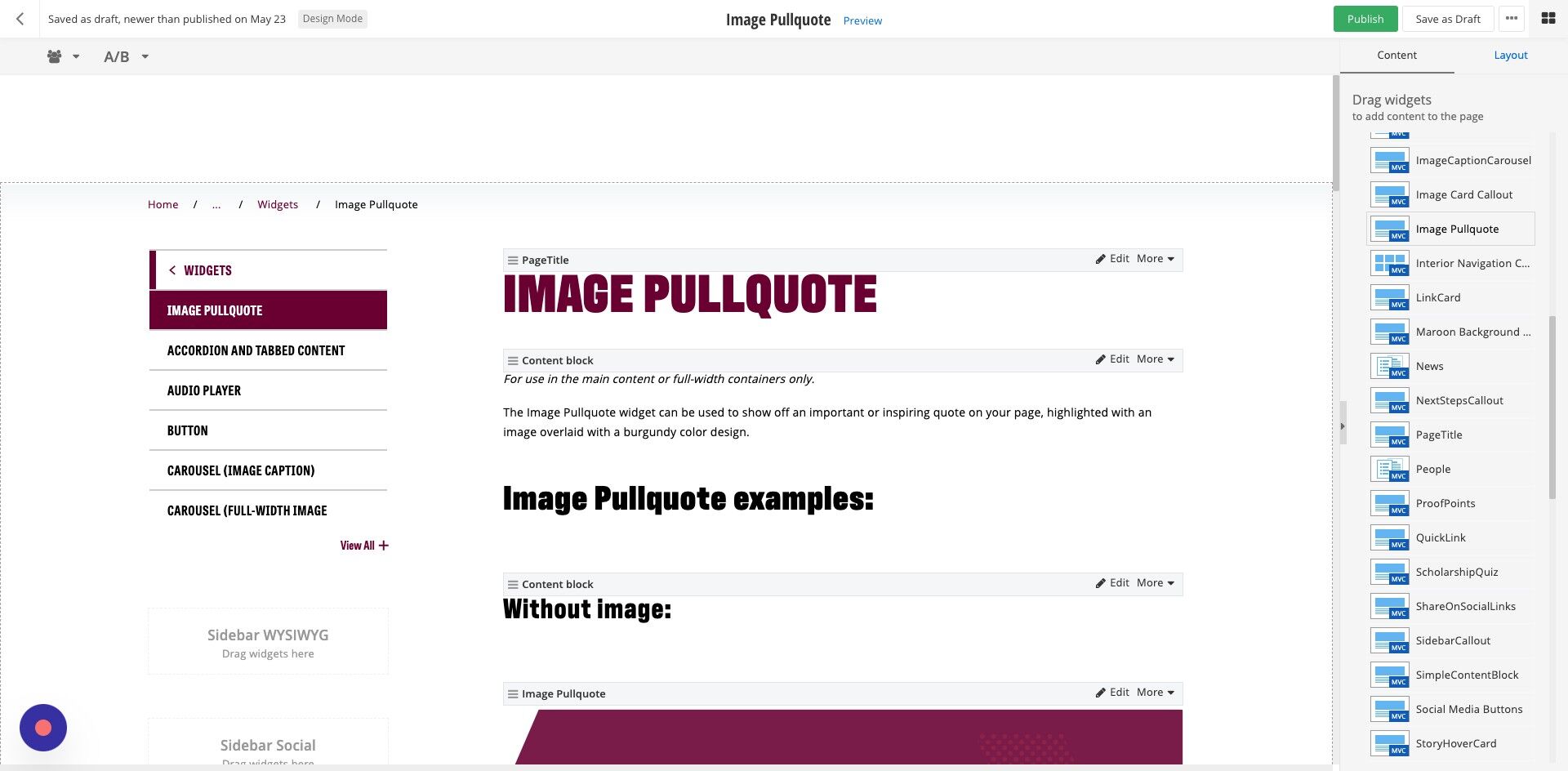 Screenshot of: Select the 'Image Pullquote' Widget. Place the widget in the 