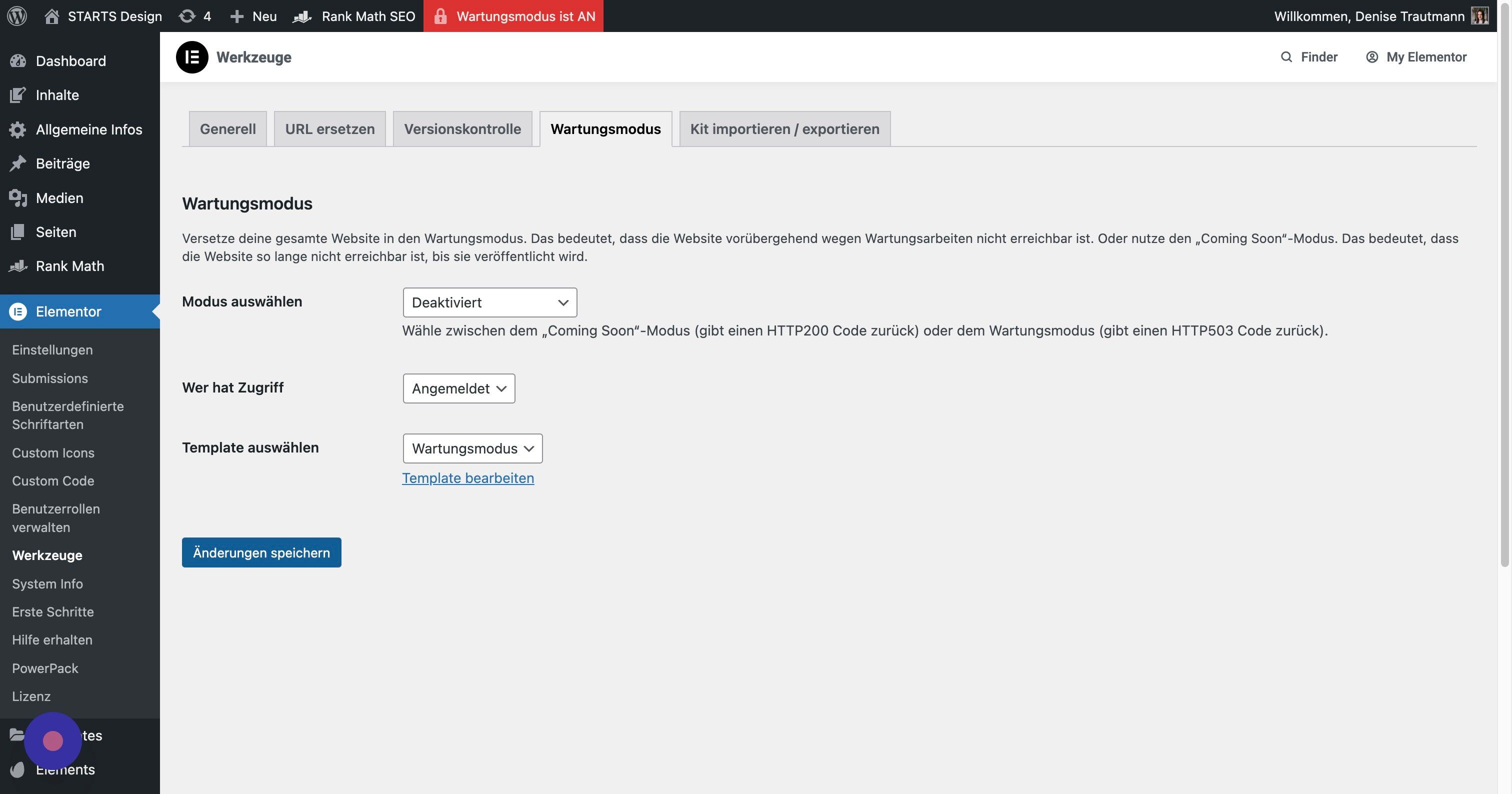 Screenshot of: Und speichere die Einstelltungen. Nun sollte der rote Balken oben in der Bearbeitungsleiste verschwunden sein und die Webseite ist live.