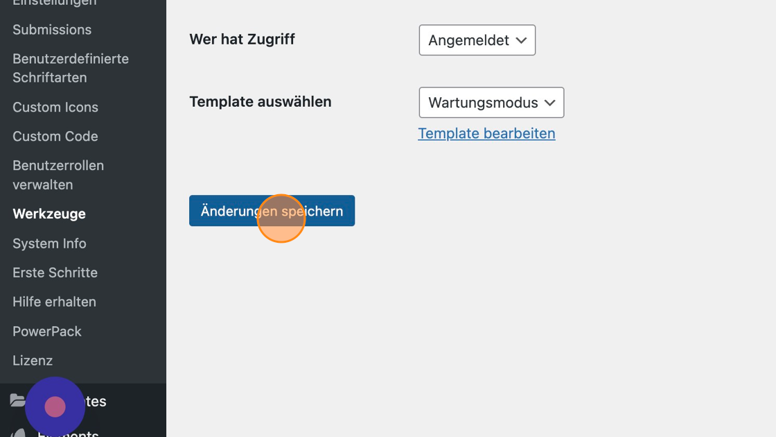 Screenshot of: Und speichere die Einstelltungen. Nun sollte der rote Balken oben in der Bearbeitungsleiste verschwunden sein und die Webseite ist live.