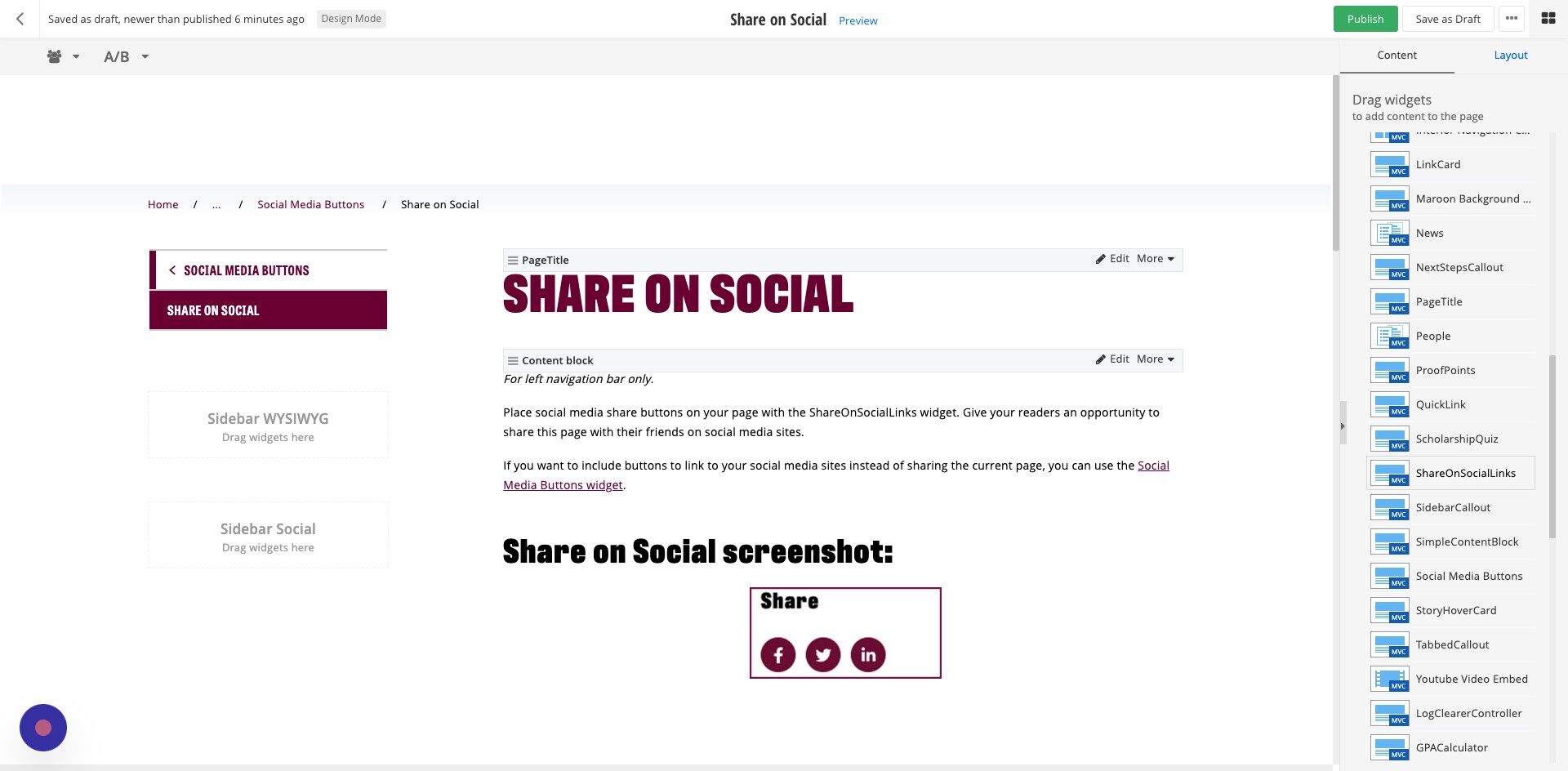 Screenshot of: Select the 'ShareOnSocialLinks' Widget.