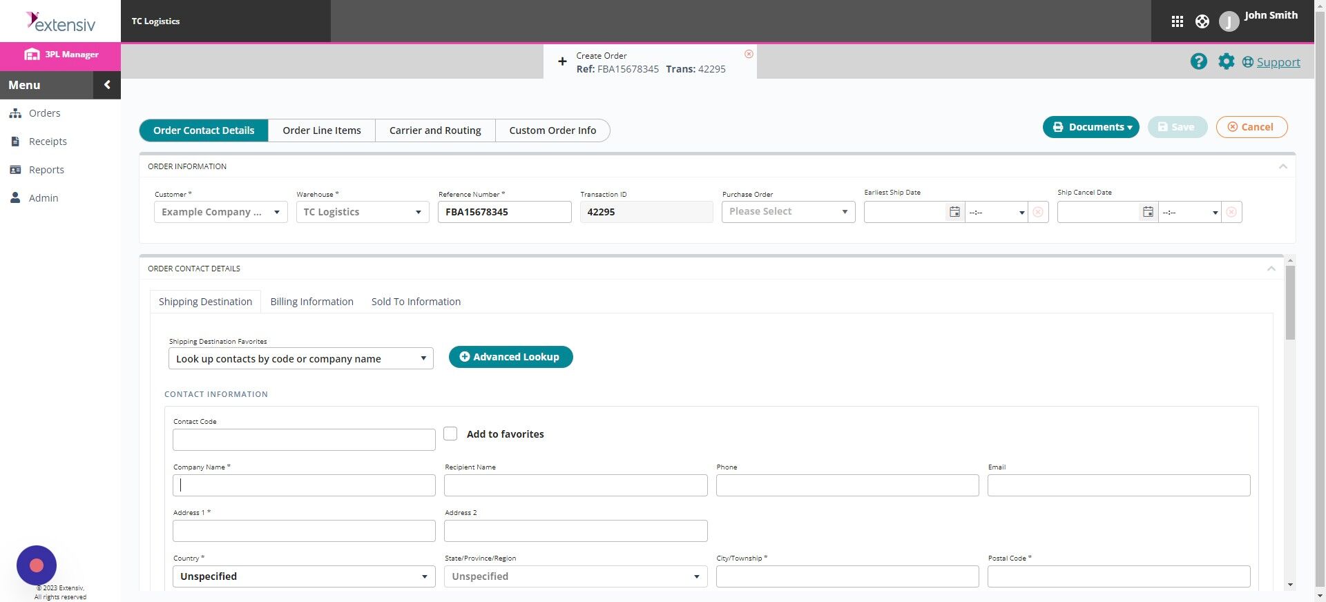 Screenshot of: Please fill in the ship to destination. Only fields with an asterisk are required. You will not be able to **attach documents**, **save the order** or **mark as complete** if you do not fill out the asterisk fields. Scroll down to start adding your product.