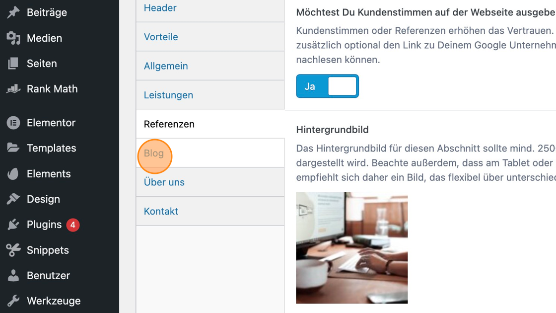 Screenshot of: Bei den Referenzen kannst Du entscheiden, ob Du diese ausgeben möchtest oder nicht. Wenn nicht, verschwindet der gesamte Abschnitt.