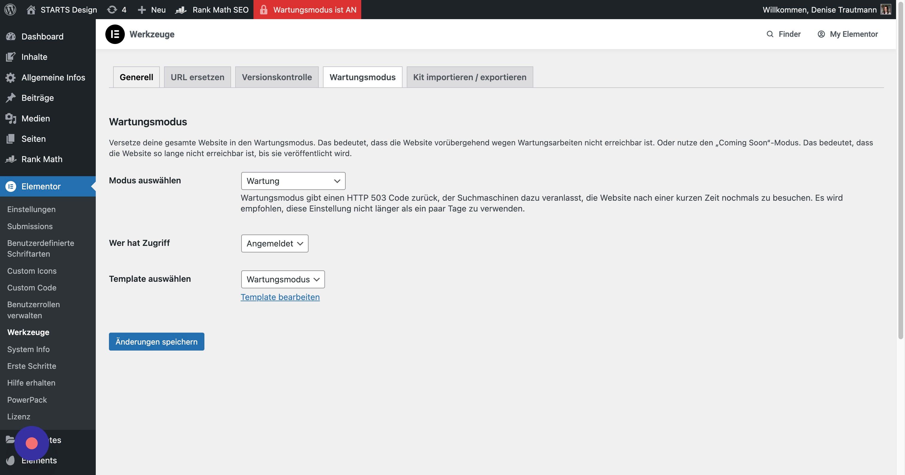 Screenshot of: Klicke auf "Wartungsmodus".