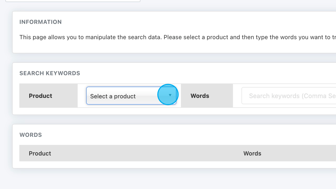 Screenshot of: Select the product you would like to add search keywords to.