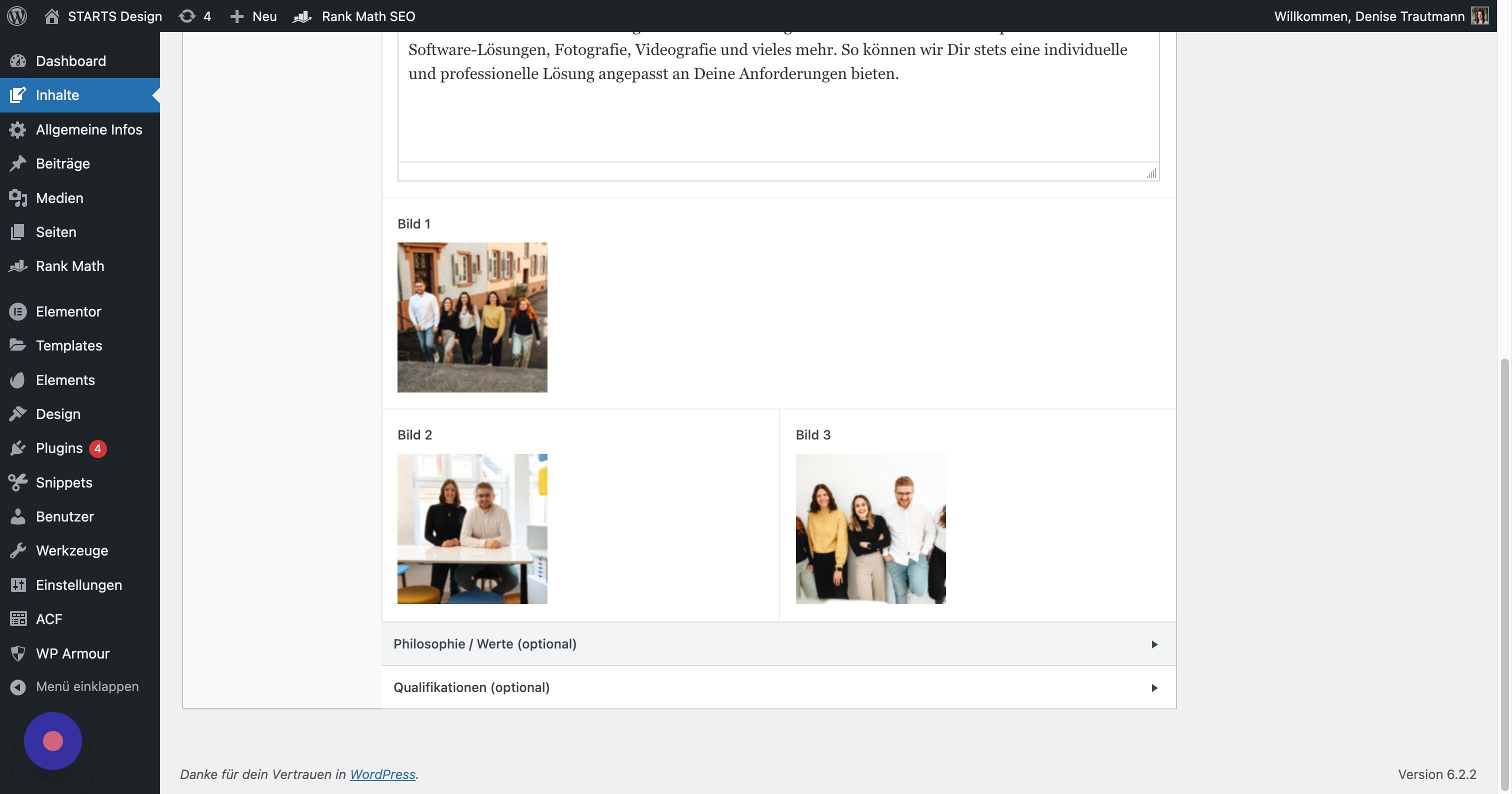 Screenshot of: Beim Über uns Bereich gibt es zwei zusätzliche optionale Möglichkeiten weiteren Text zu platzieren. Auch hier ist das Feld zum Ausklappen.