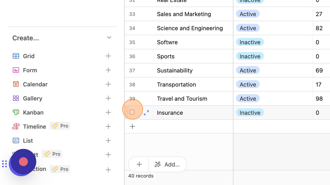 Screenshot of: Select the row and delete the Insurance record.
