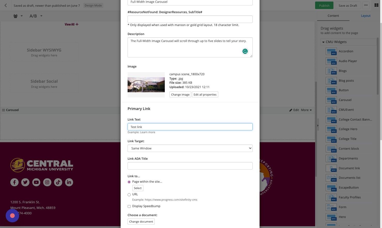 Screenshot of: Link ADA title: Enter your link text for compliance with the Americans with Disabilities Act (ADA).