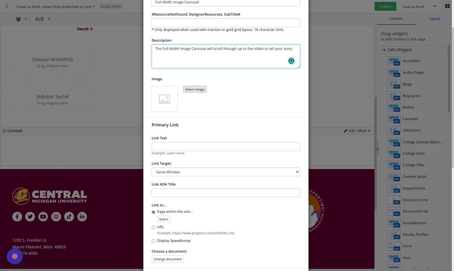 Screenshot of: Image: Select an 1800x720 image that has been optimized and uploaded to the Digital Asset Management system (DAM).