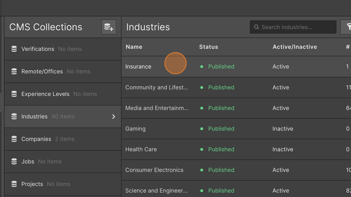 Screenshot of: We're changing the number of job listings from 1 to 0 and making it Inactive in Webflow.