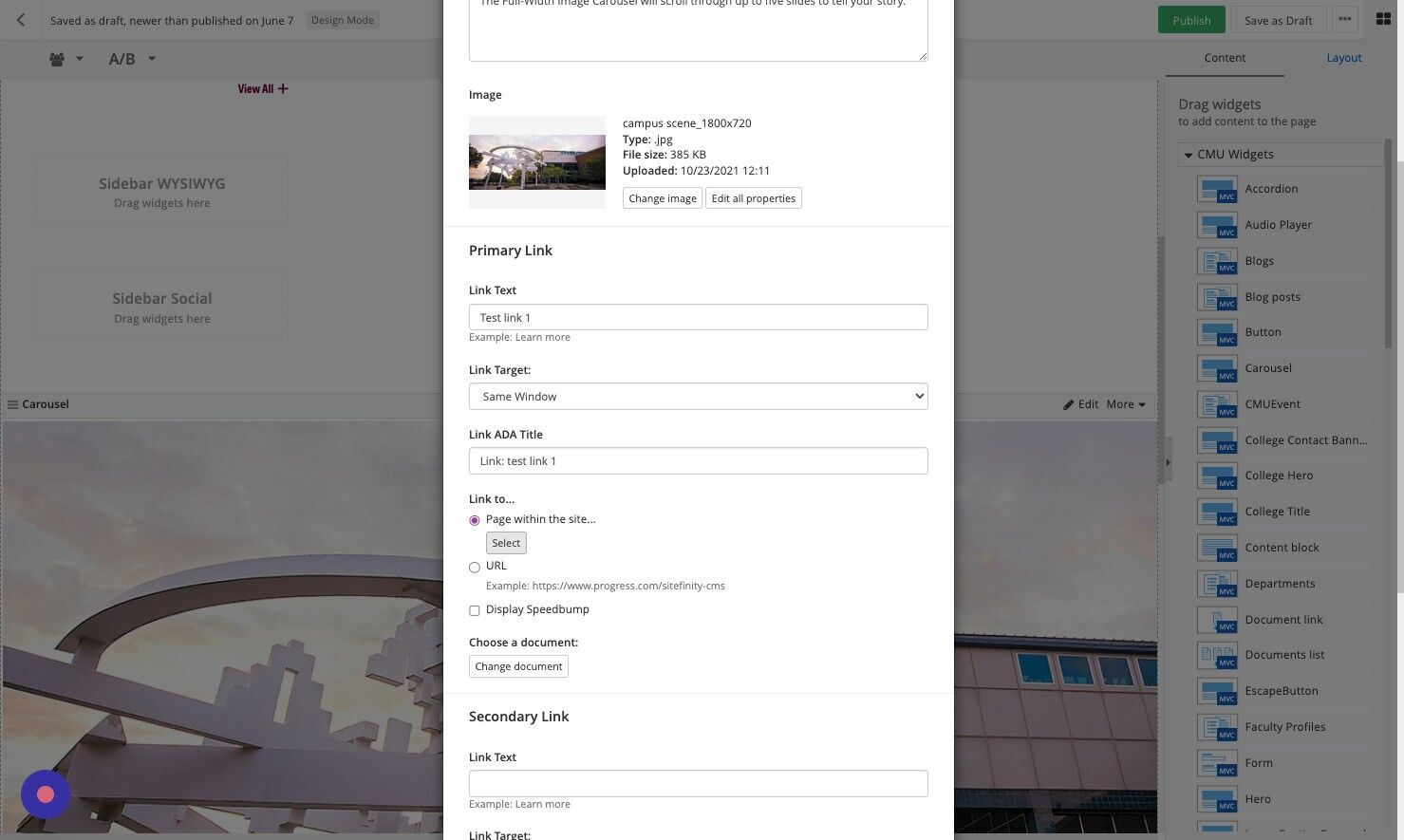 Screenshot of: Link to: Choose the appropriate selection. For pages within CMU's website, click 