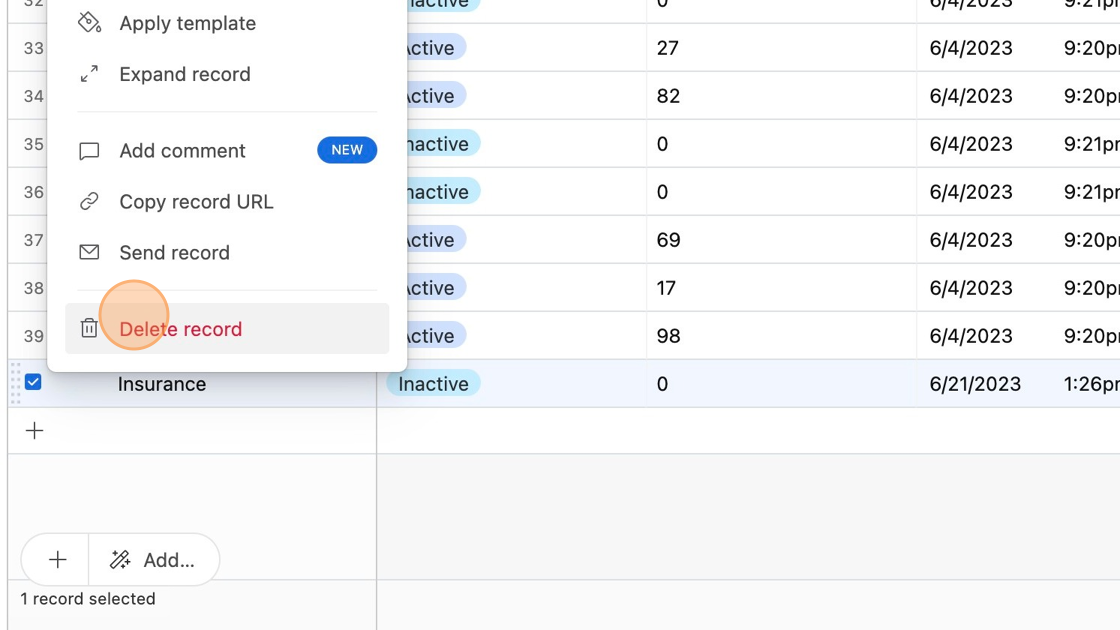 Screenshot of: Click "Delete record".