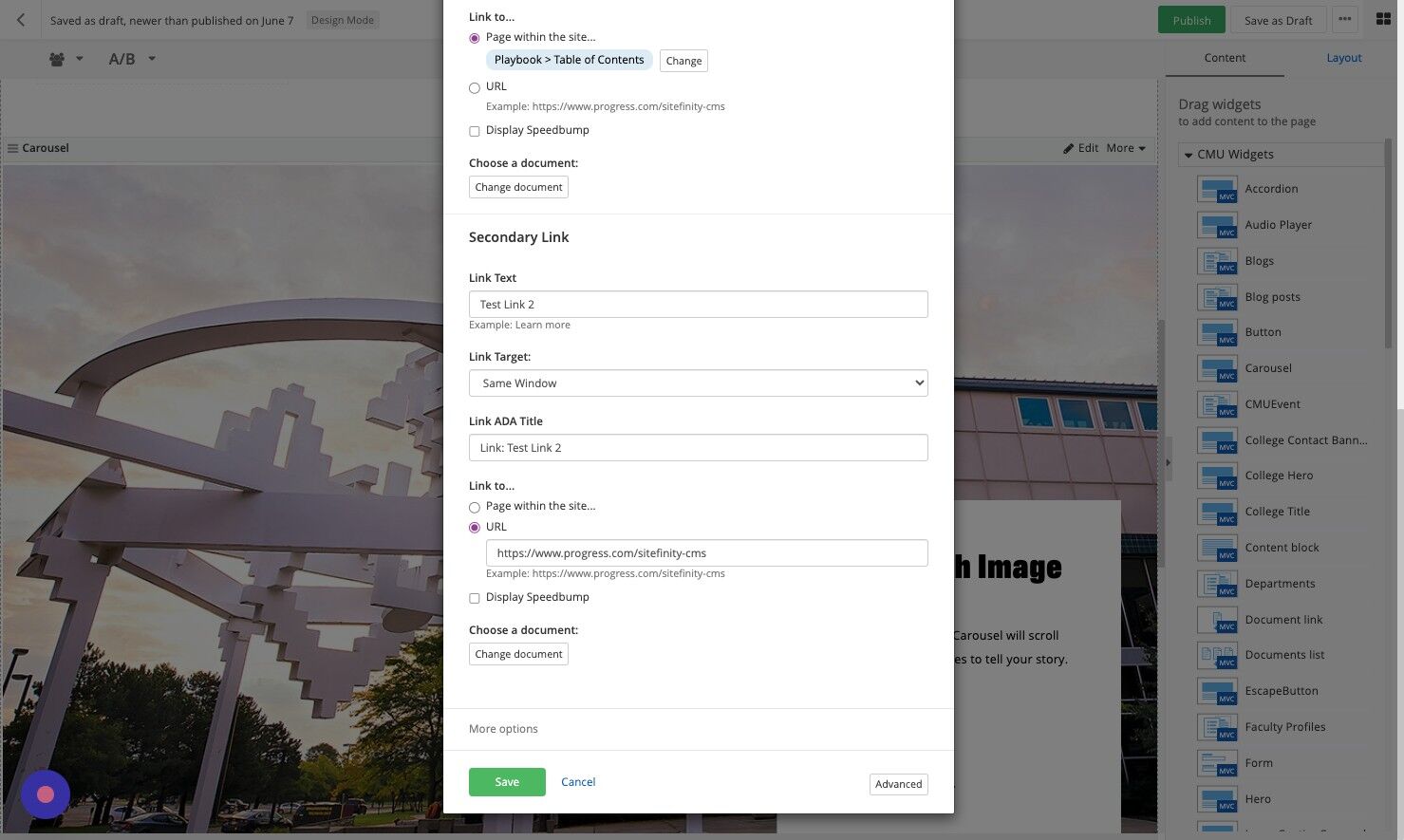 Screenshot of: OR for an external URL, enter the full URL of an external page. NOTE: links to external pages also require that 