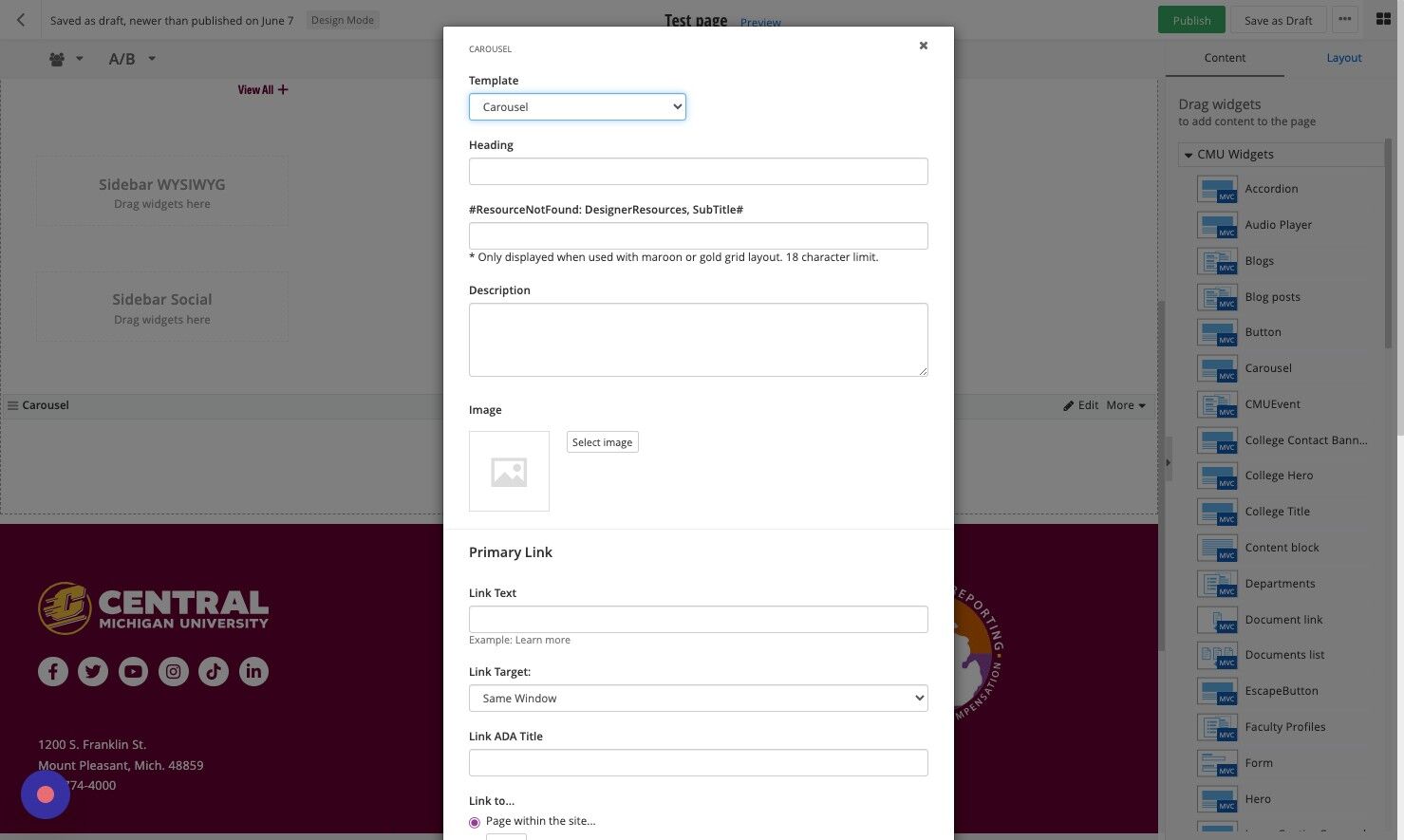 Screenshot of: Heading: Enter heading text. (Recommended max = 75 characters)