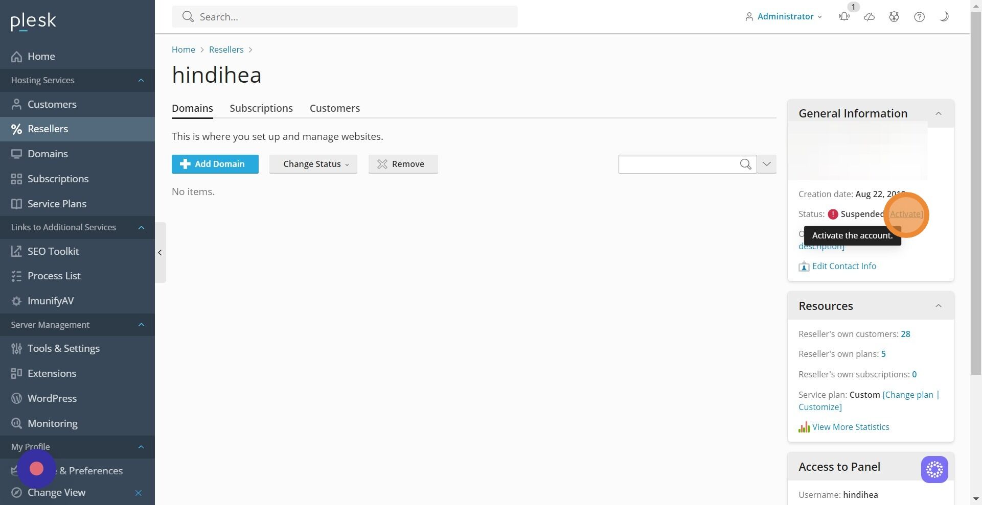 Screenshot of: Click "Activate" to unsuspend the reseller ac.
