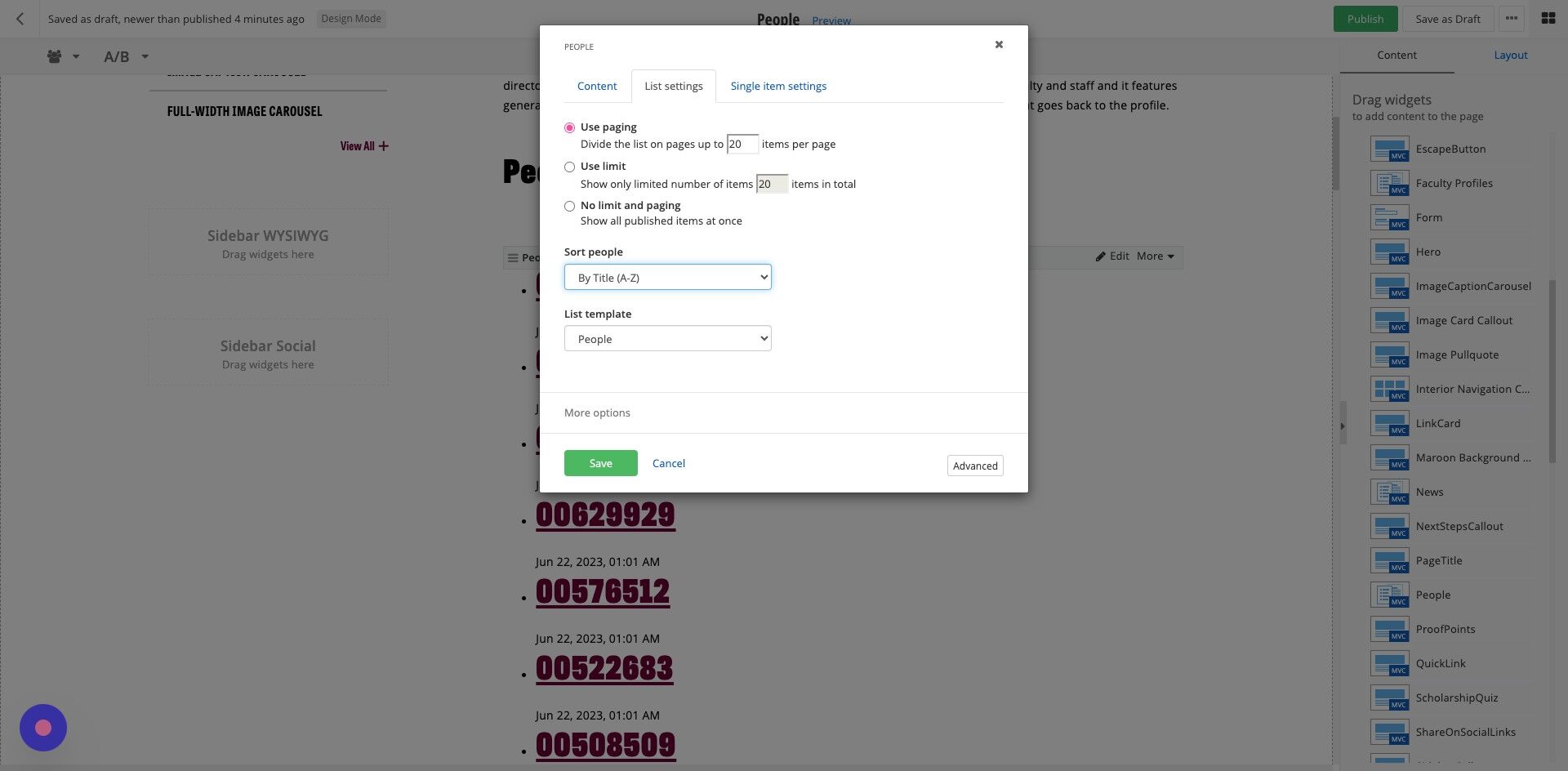 Screenshot of: You can change the organization of the people listed under Sort people. Options include last published, last modified, by title (a-z), by title (z-a) and as set manually. If you would like them sorted in the order they were listed on the previous tab, select ' as set manually'.
