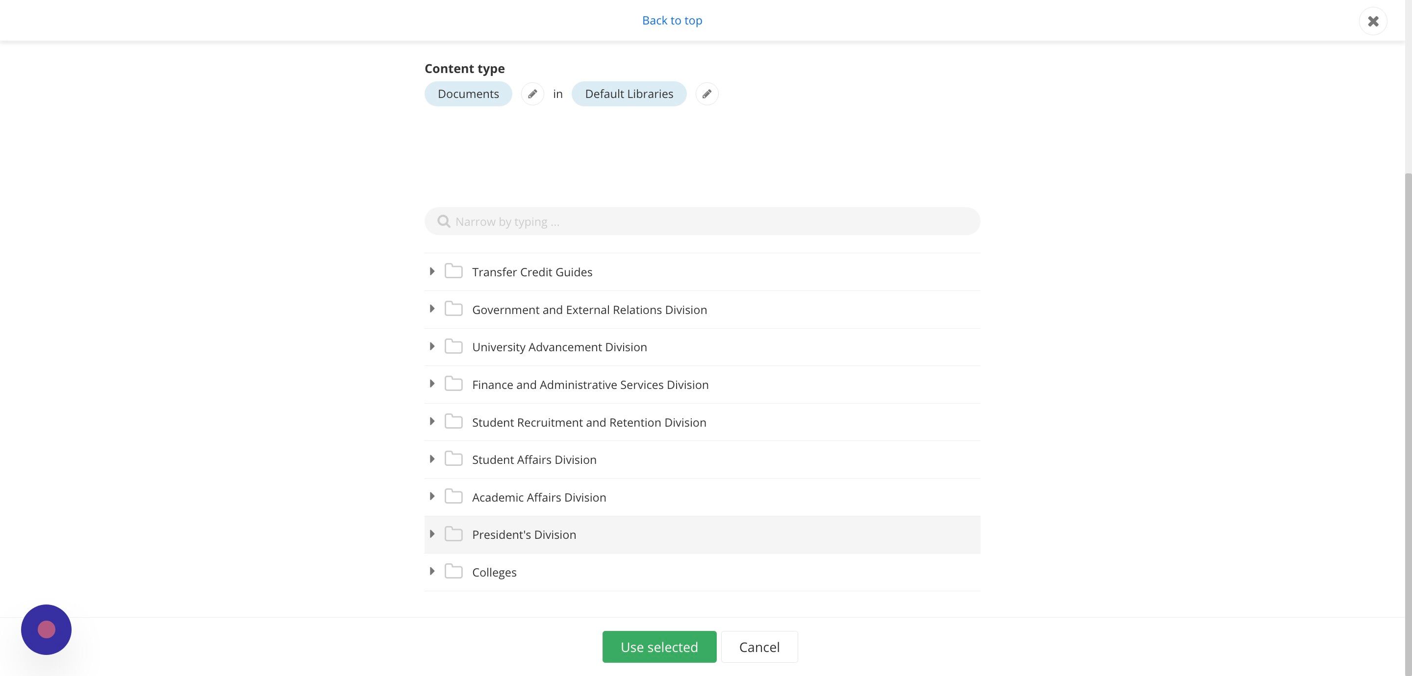 Screenshot of: Navigate through the folders in the DAM, find the document you want to link to, and select it.