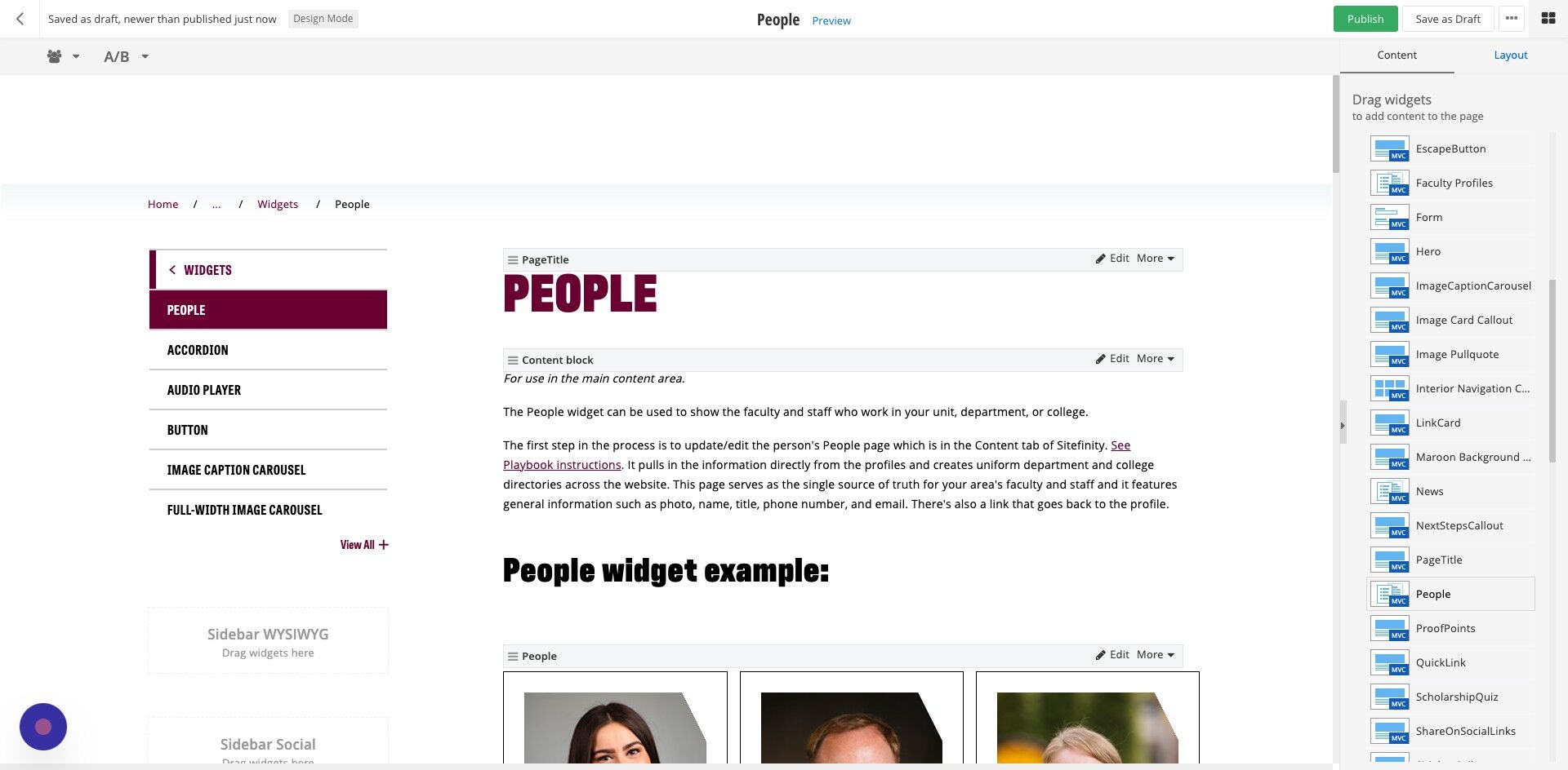 Screenshot of: Drag and drop the people widget onto your page where you'd like the listings to be, in the main content area.