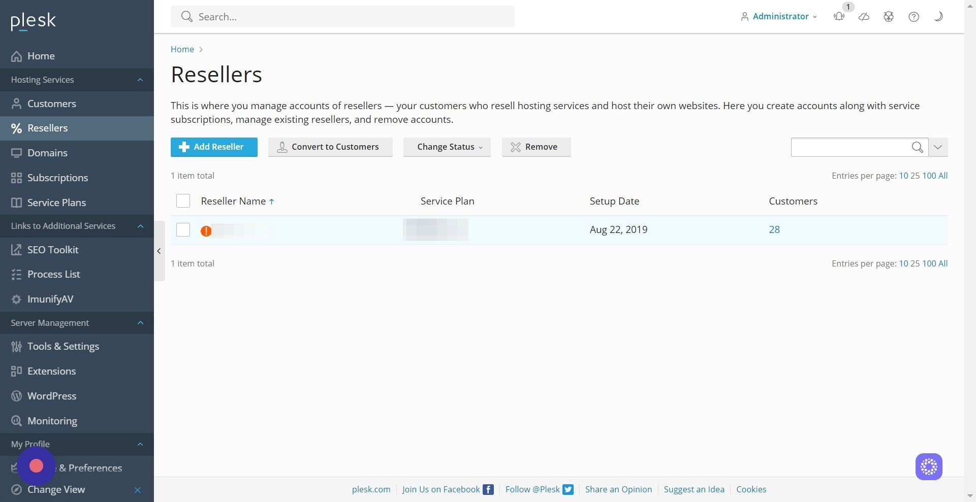 Screenshot of: Click on the "Reseller Name" which you want to unsuspend.