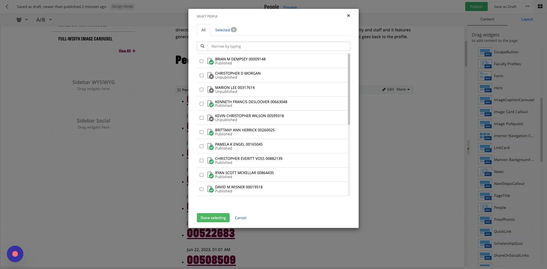 Screenshot of: Click on the person/people's name you would like to appear on the page. You can also use the search feature to quickly find a name. (Last name is usually the quickest to find someone!)