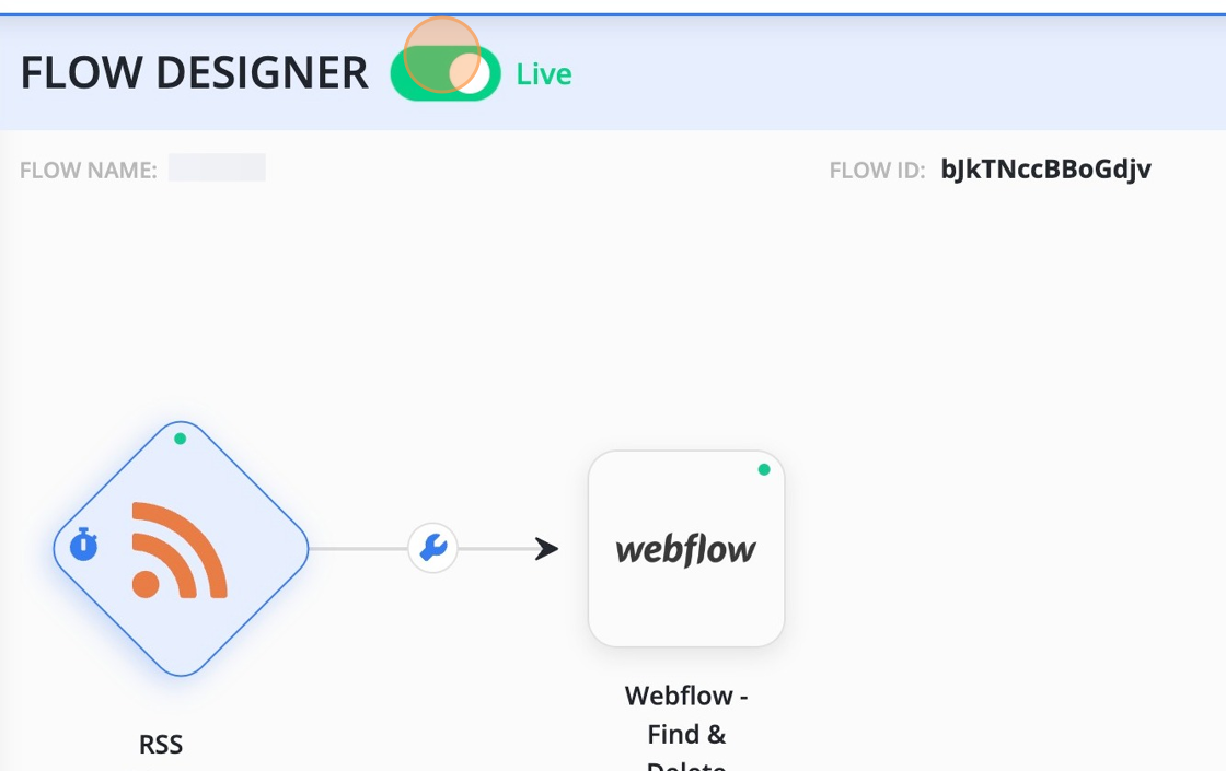 Screenshot of: Turn the flow live using this toggle button. The flow will start running based on the schedule in the Advanced tab.