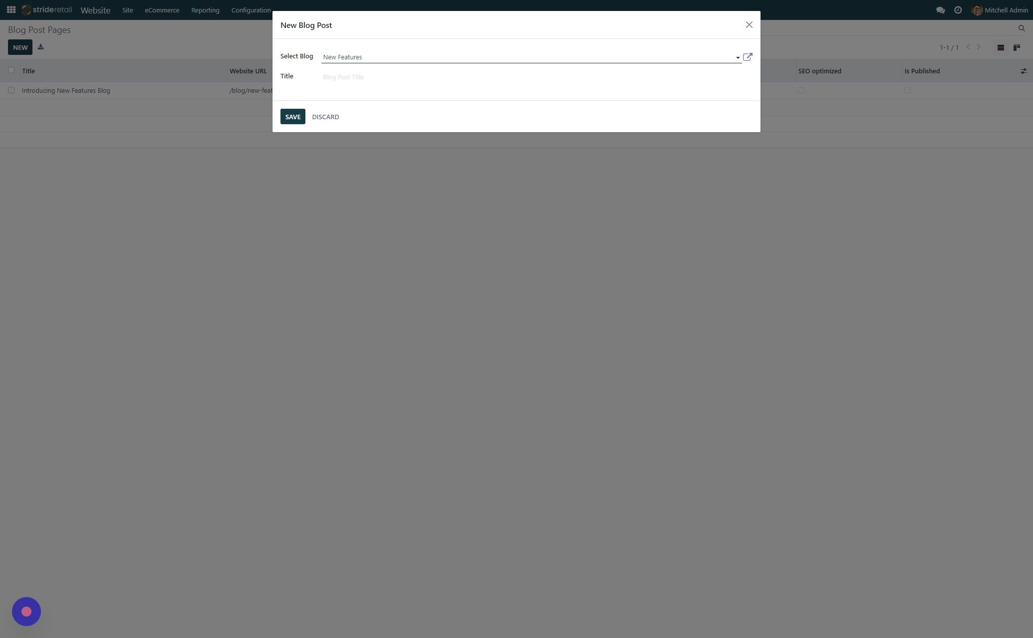 Screenshot of: Click the "Select Blog" field to select the blog you want to add the post to.