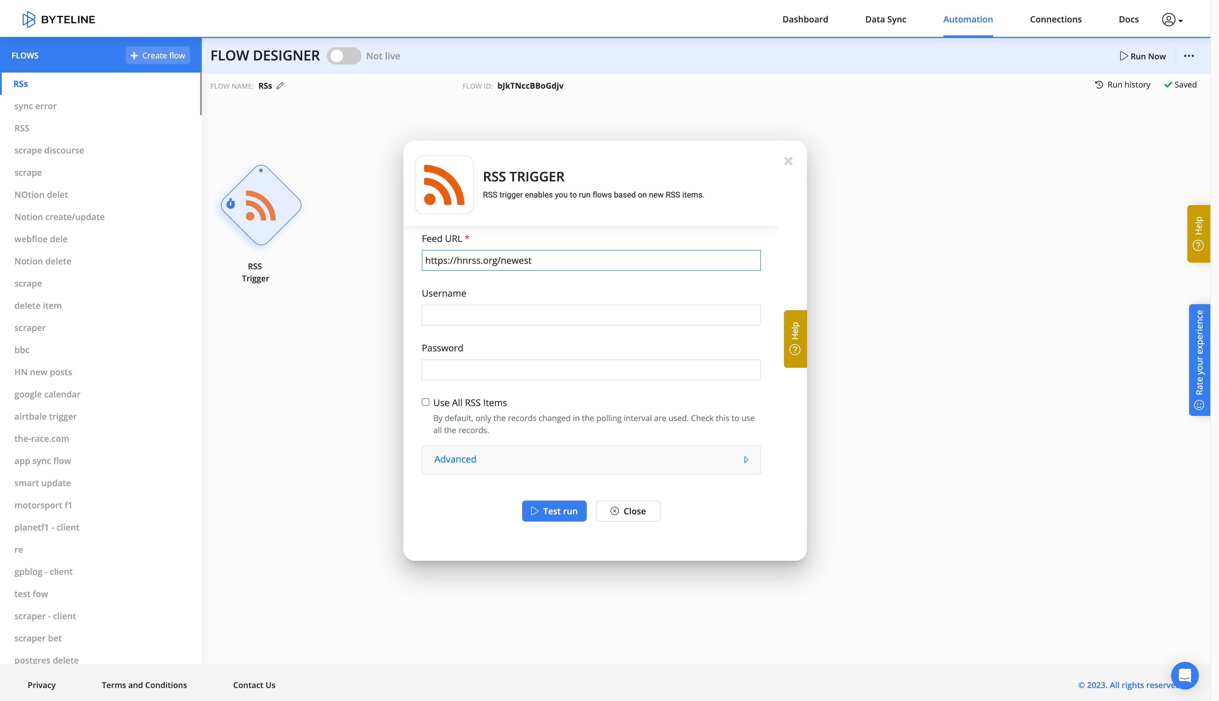 Screenshot of: Perform "Test run" to validate the settings.