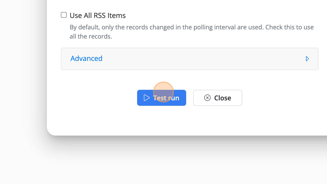 Screenshot of: Perform "Test run" to validate the settings.