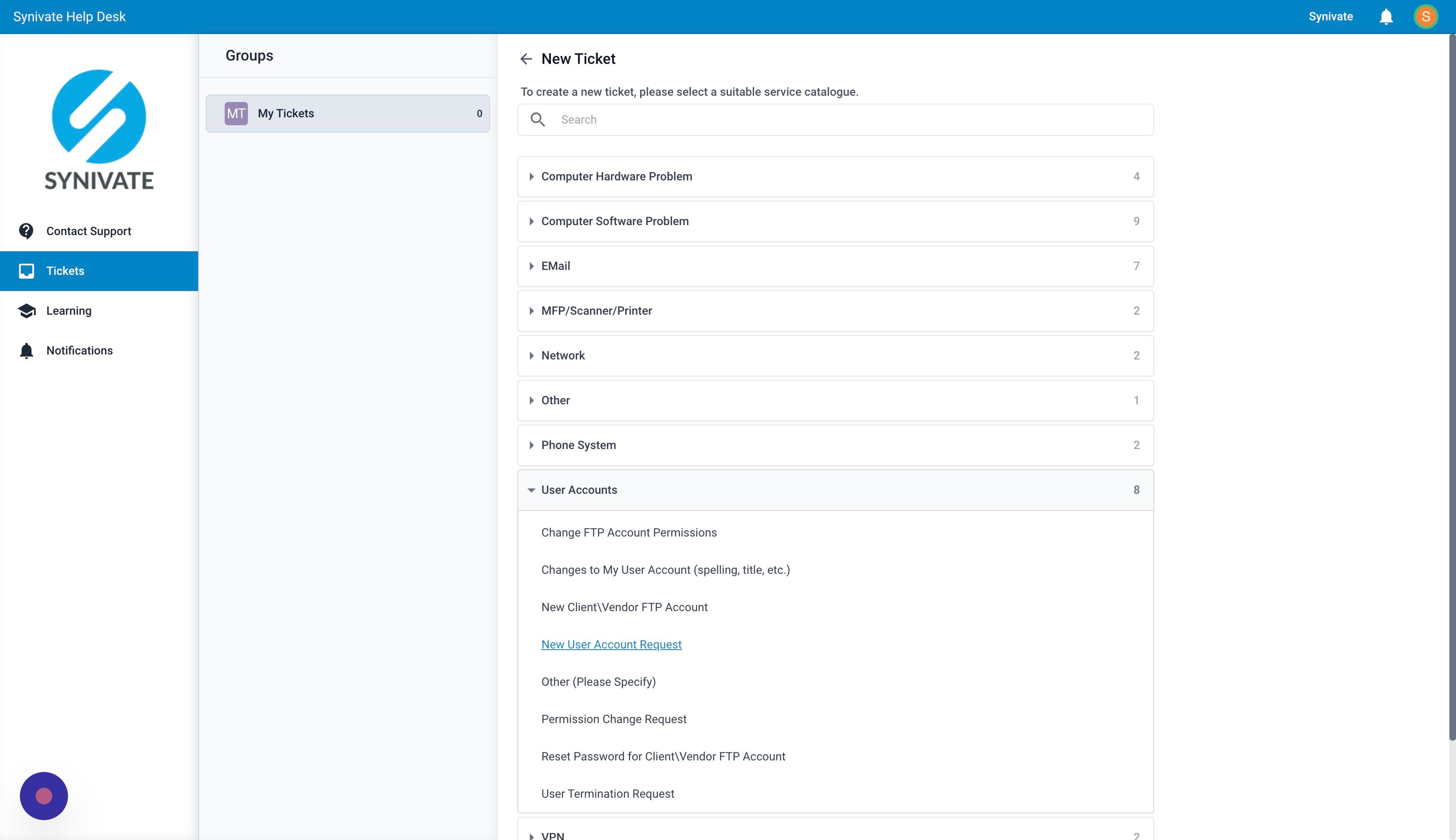 Screenshot of: Click "New User Account Request" or "User Termination Request"