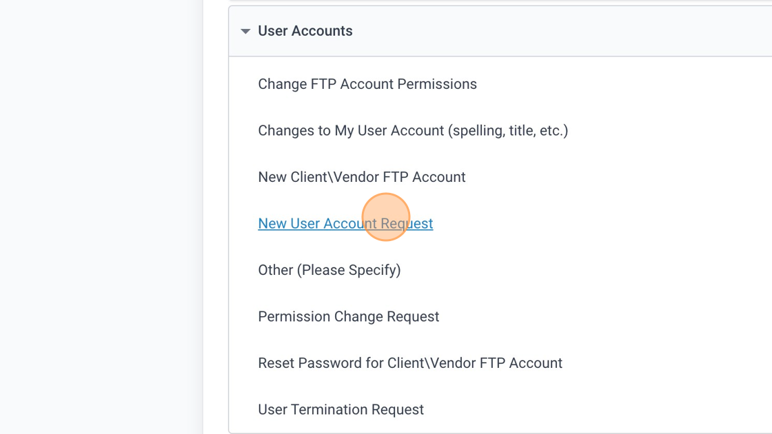 Screenshot of: Click "New User Account Request" or "User Termination Request"