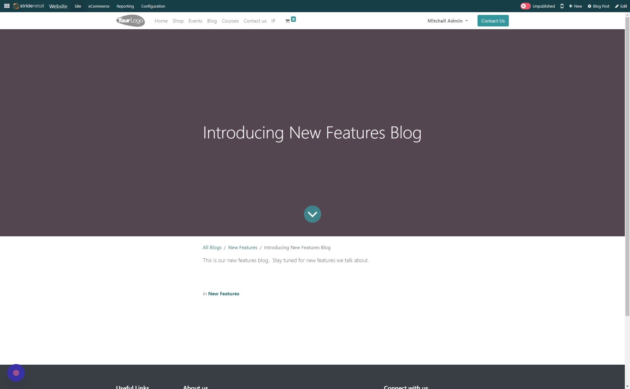 Screenshot of: This is the second way to create a blog post.  From the Website module Click "Site"