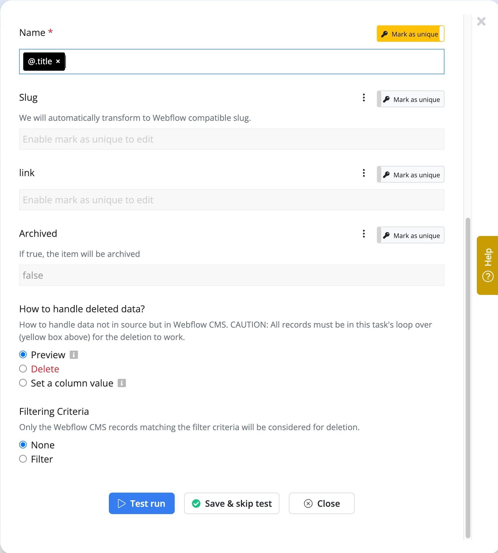 Screenshot of: Click "Test run" in the Preview mode, which will let you review the correctness of this task node without making any changes.