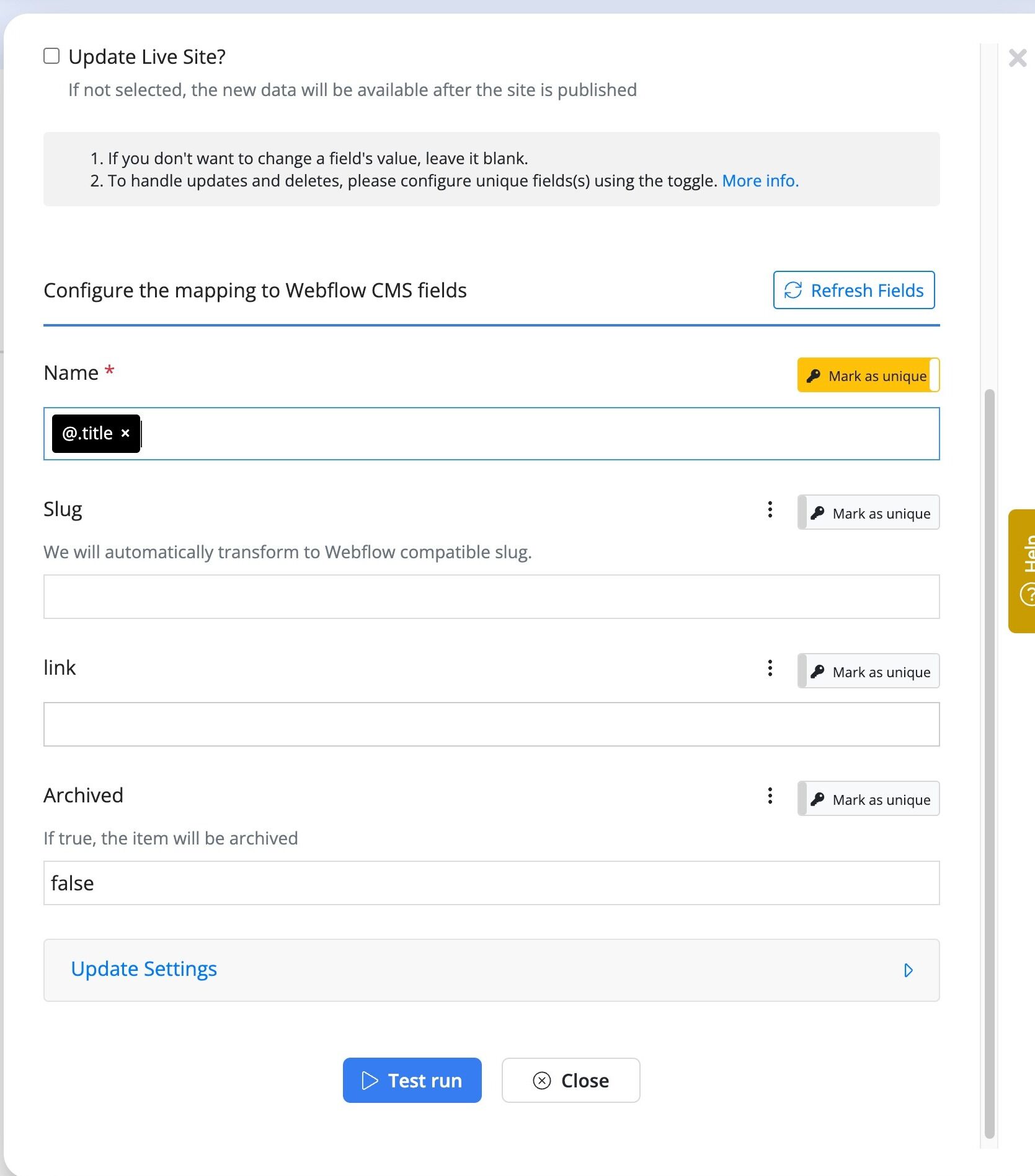Screenshot of: Now let's map the Webflow link (your field might have a different name) field by selecting the "link" field from the Byteline expression selector.