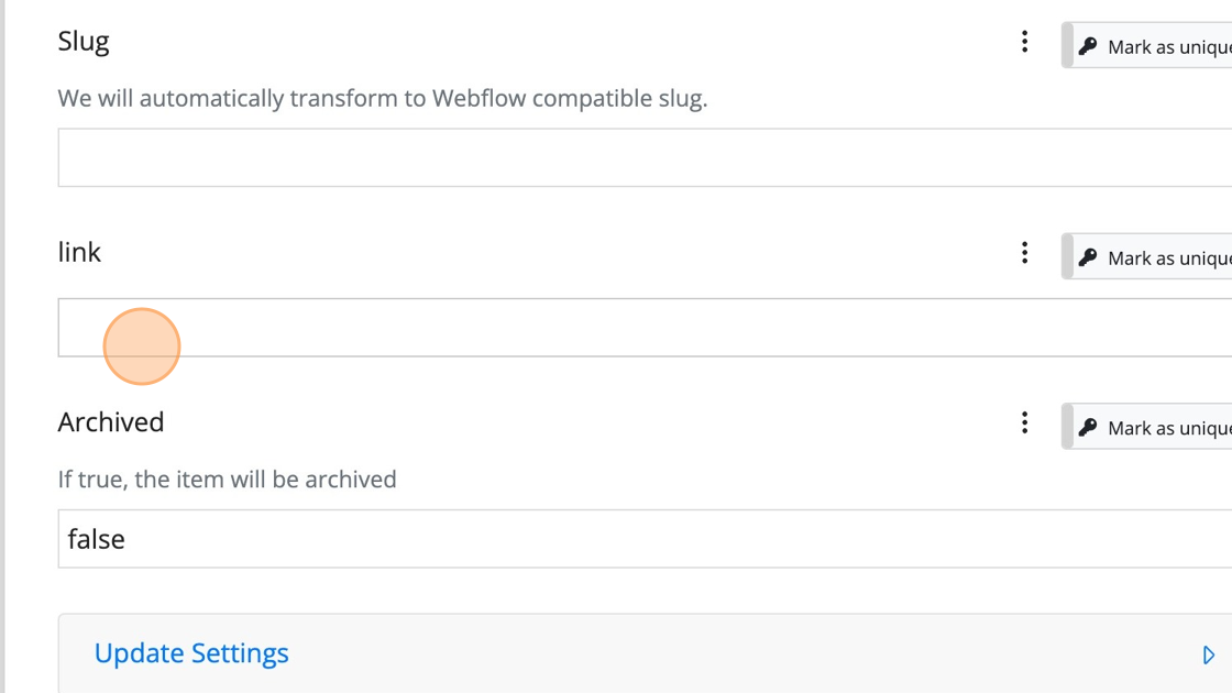 Screenshot of: Now let's map the Webflow link (your field might have a different name) field by selecting the "link" field from the Byteline expression selector.