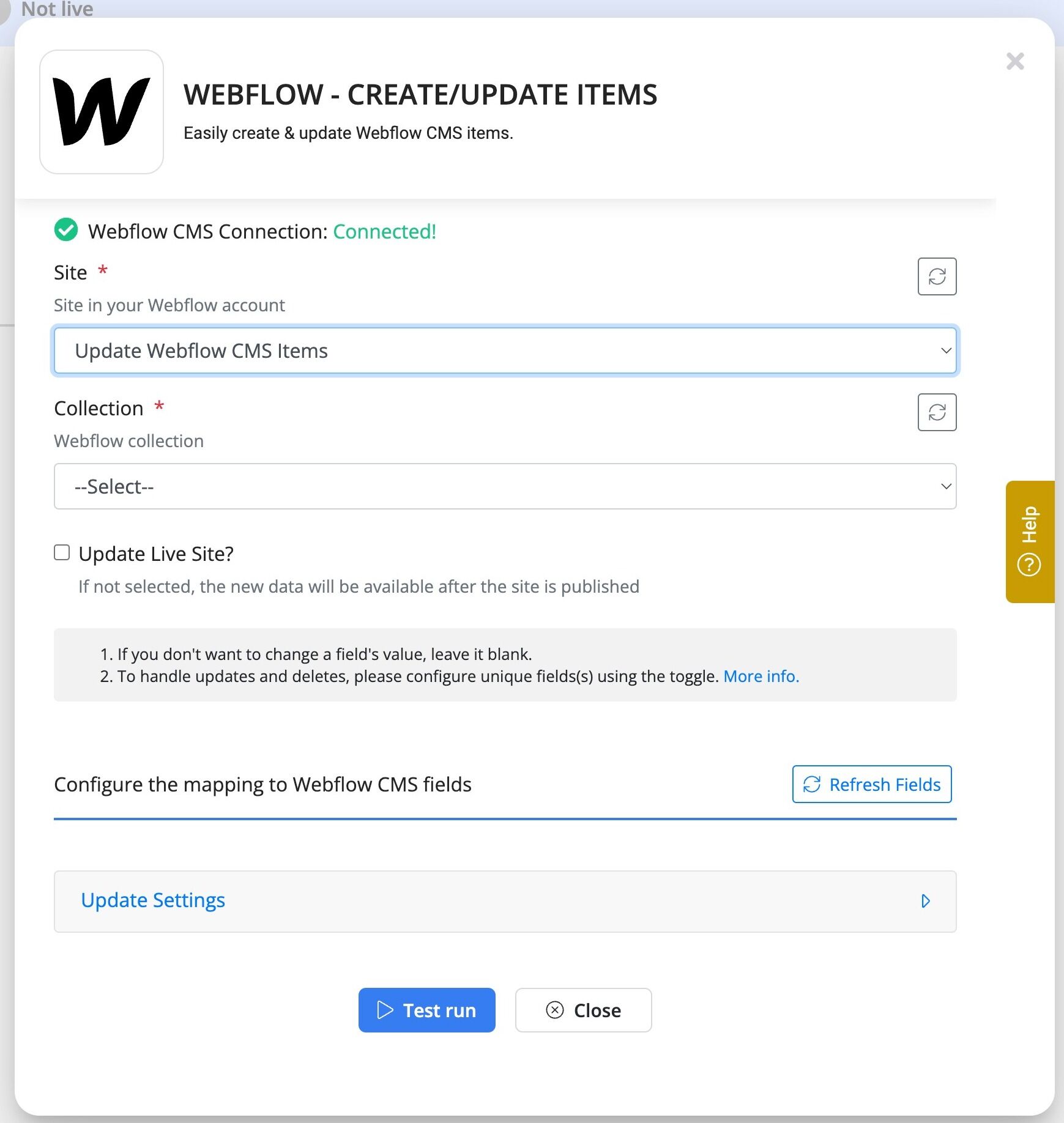 Screenshot of: Select your Webflow collection.