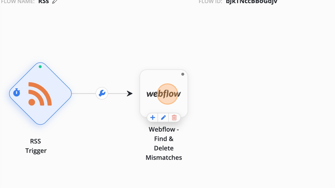 Screenshot of: Create another flow with the "RSS trigger" and make sure you select "User All RSS Items" for this flow. Then add "Webflow - Find & Delete Mismatches" node