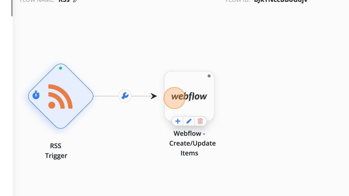 Screenshot of: Add Webflow -  Create/Update Items node and click on Edit.