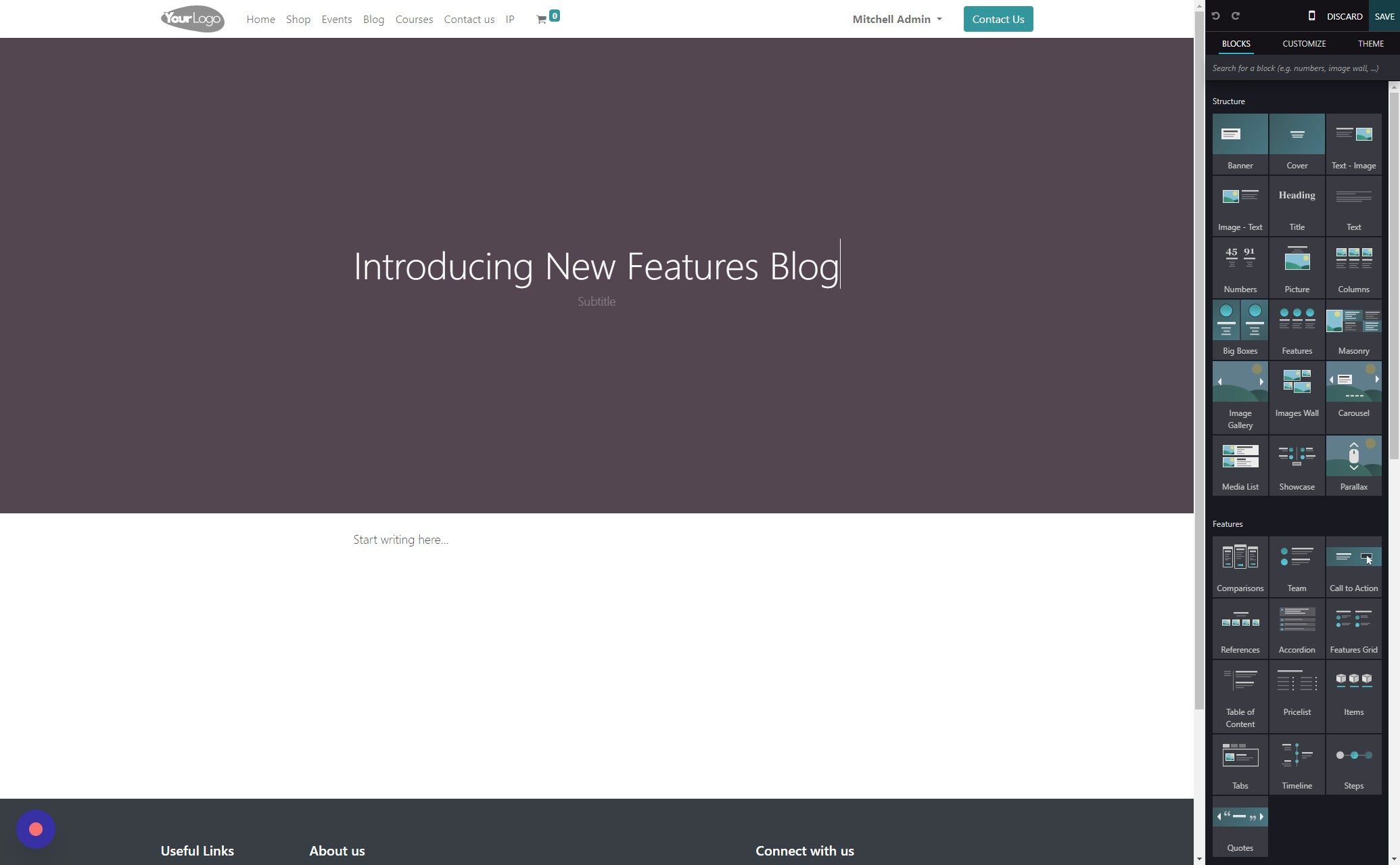 Screenshot of: This will start a new blog post in the website editor mode.