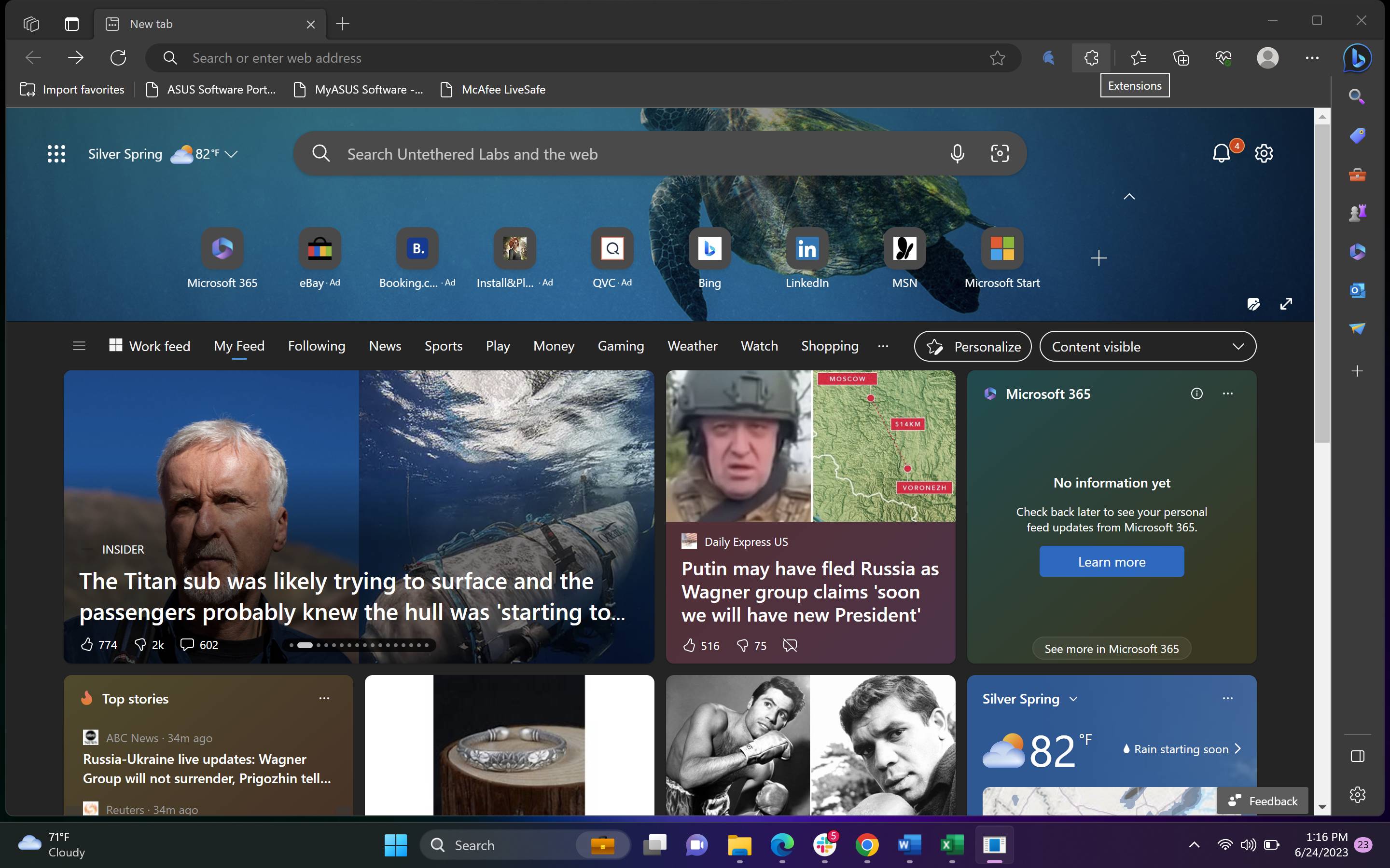 Screenshot of: Open the Edge web browser and click the puzzle piece icon.