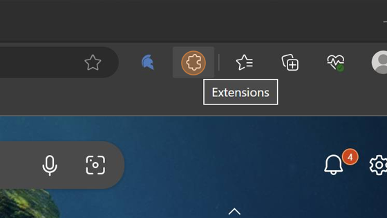 Screenshot of: Open the Edge web browser and click the puzzle piece icon.