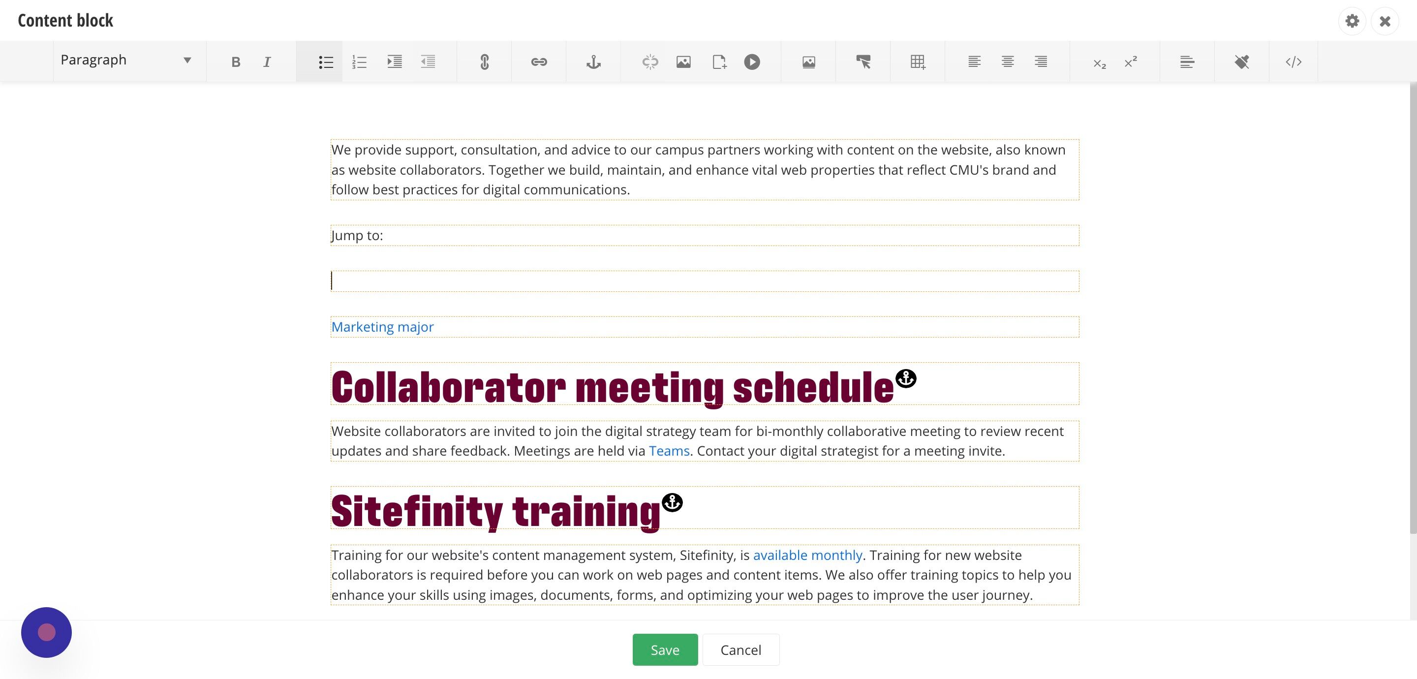 Screenshot of: At the top of your page, create an area for your anchor links. Most often this is a bulleted list with instructions to click on the links below to jump to that section of the page.