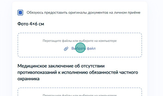 Screenshot of: Добавьте сканы или фото документов. Обратите внимание, что Вы можете загрузить не более 10 файлов на 100 Мб. Загрузите фото 4x6 со своего устройства.