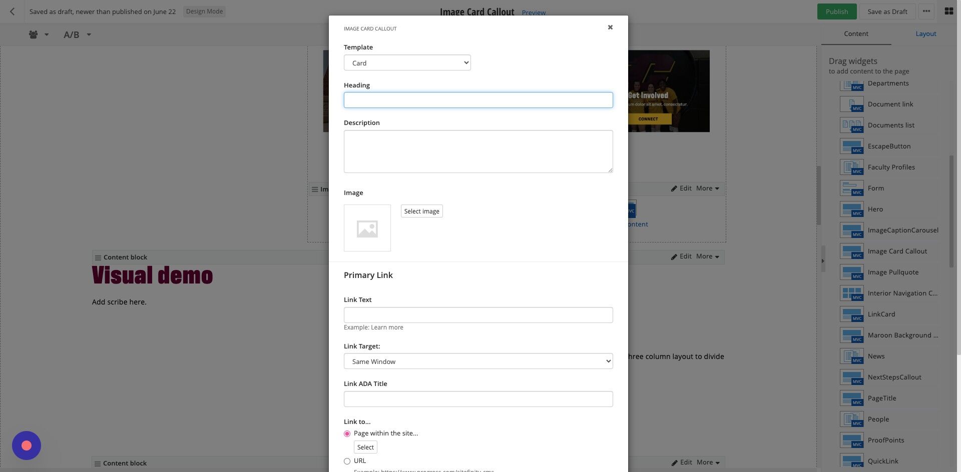 Screenshot of:  Heading: Enter heading text. Recommend max 75 characters.