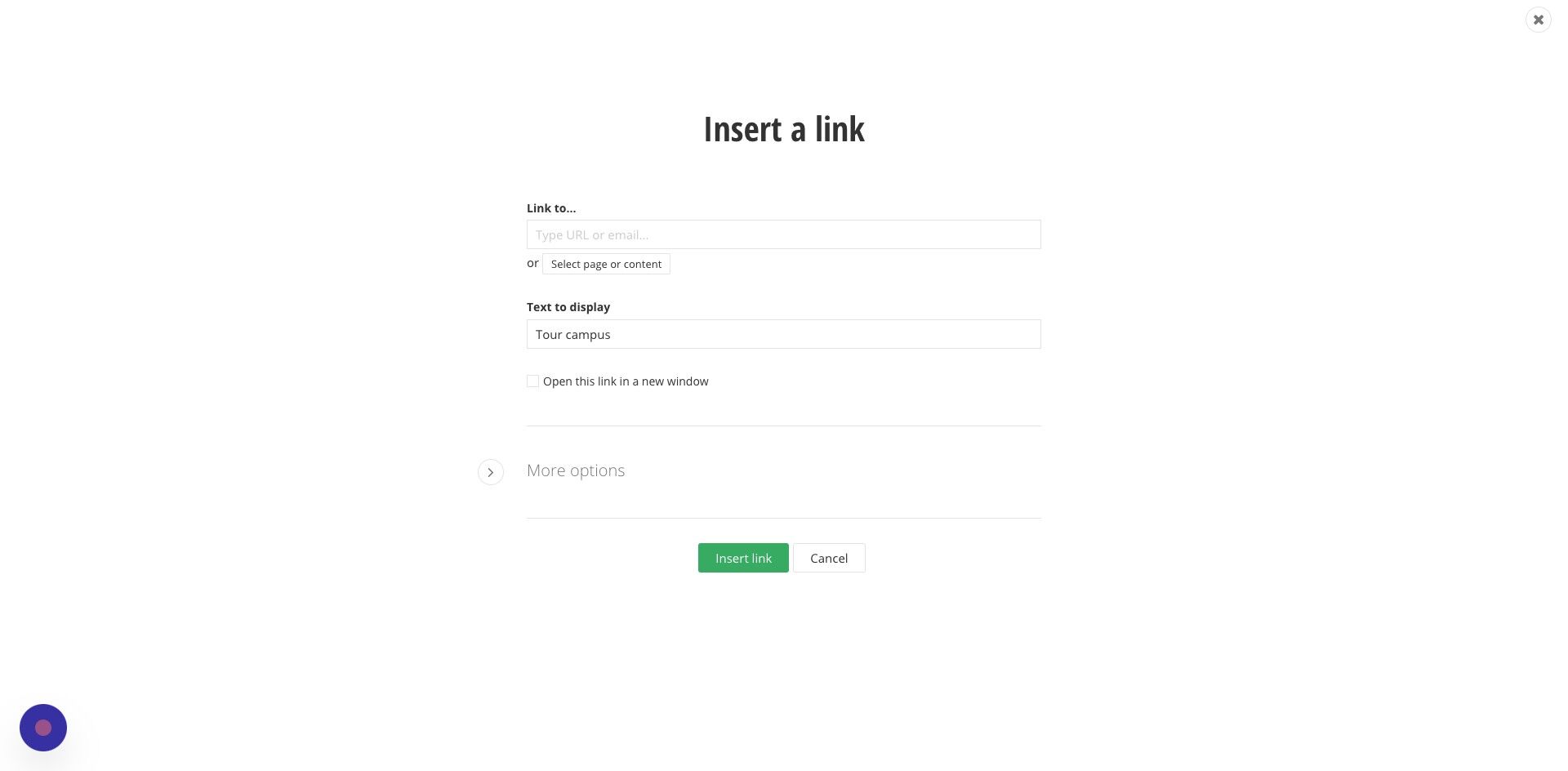 Screenshot of: Complete the link fields as required.