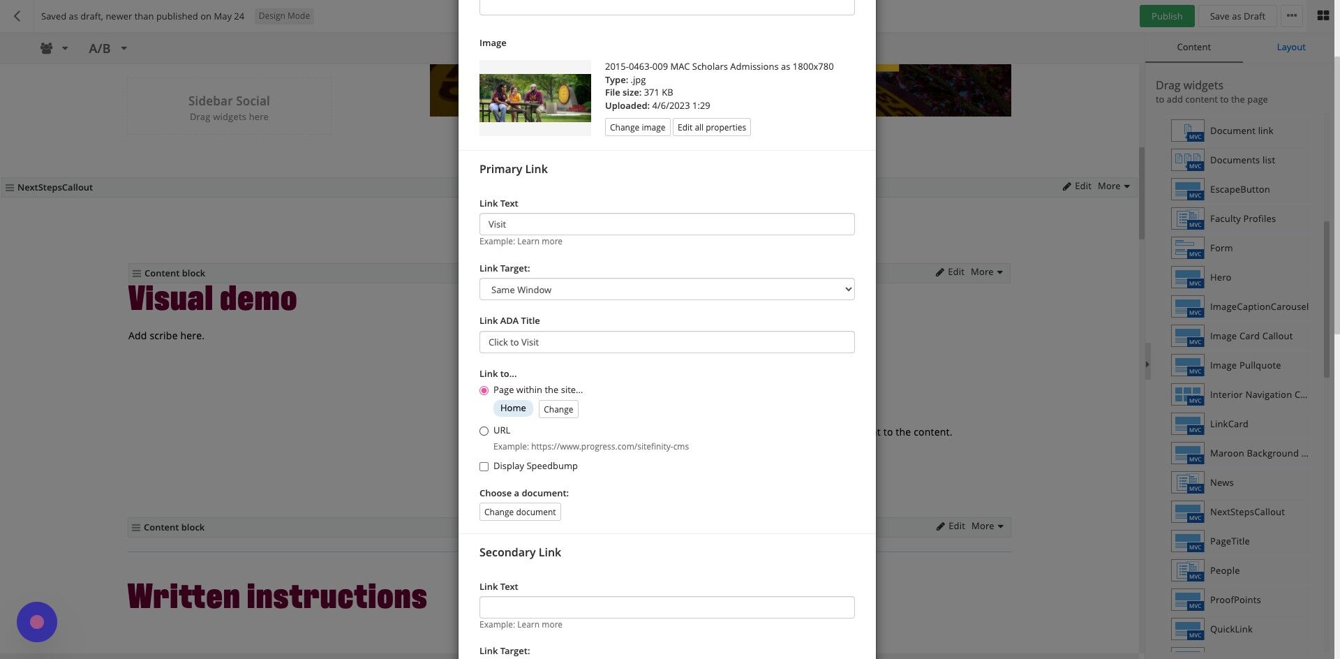 Screenshot of: Link to:
Page within the site...This will take you to the page tree for selection.
External URL…include full URL of links outside of cmich.edu.