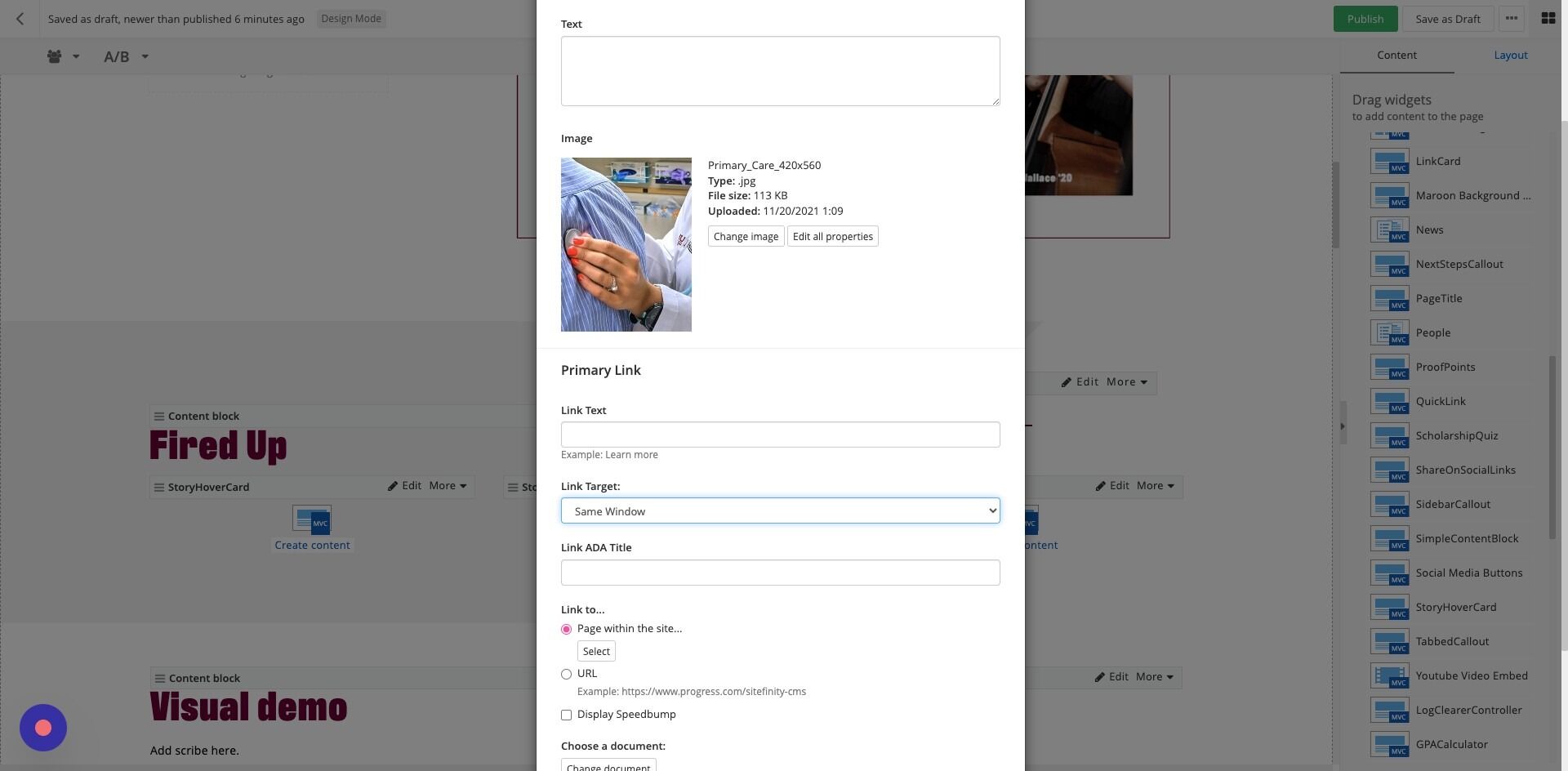 Screenshot of: Link Target:
a. Same window: For internal CMU pages.
b. New window: For links outside of cmich.edu.