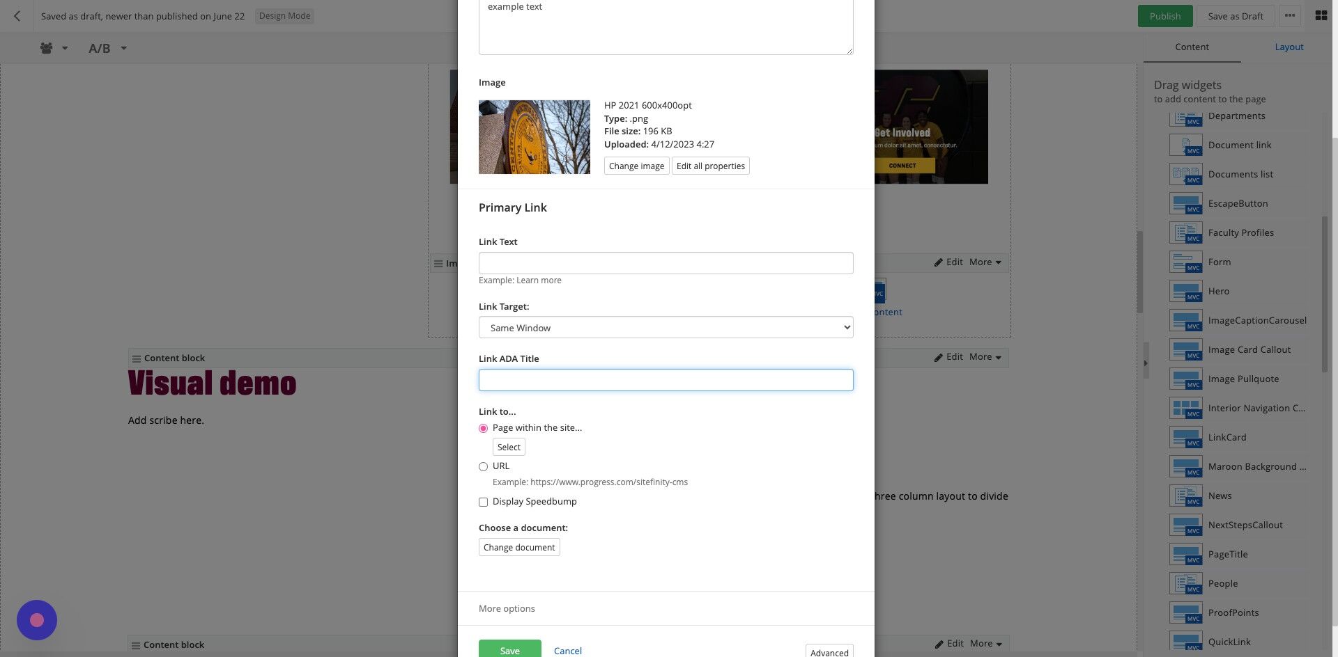 Screenshot of: Link ADA title: Enter your link text for ADA compliance.