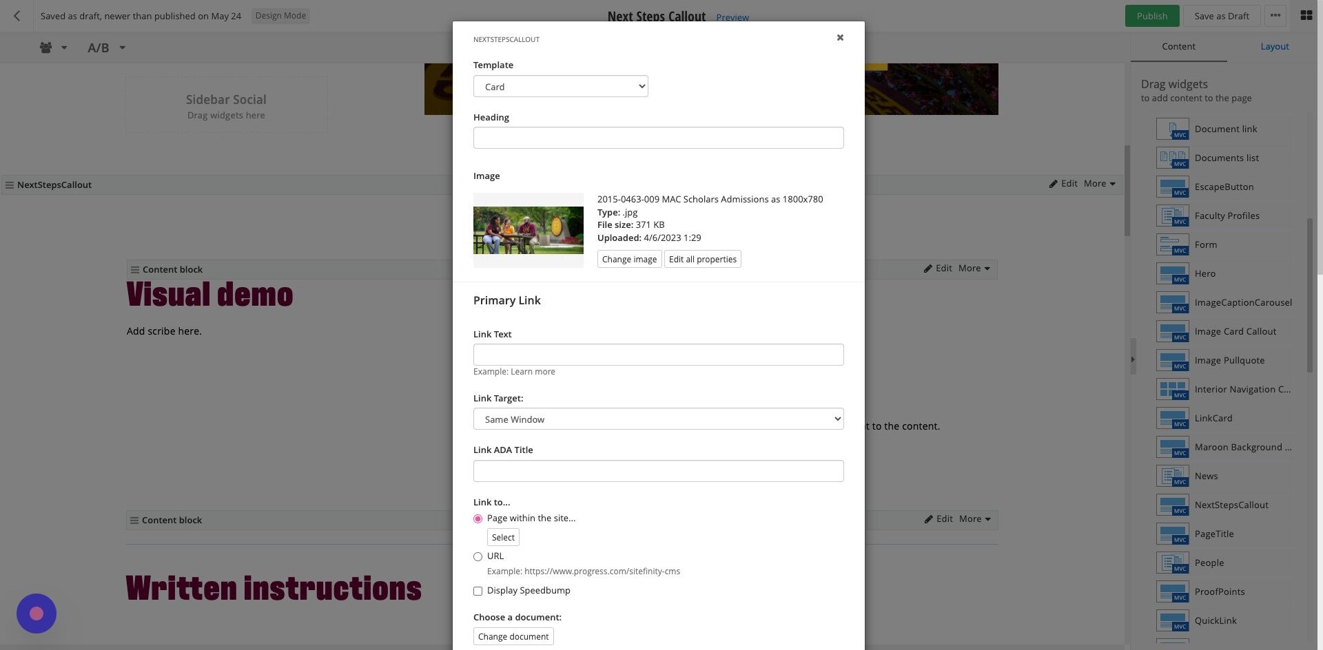 Screenshot of: Link Text: Enter your Call To Action Text. Recommendation: Max 30 characters.