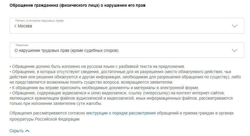 Screenshot of: Внимательно прочтите требование к тексту обращения.