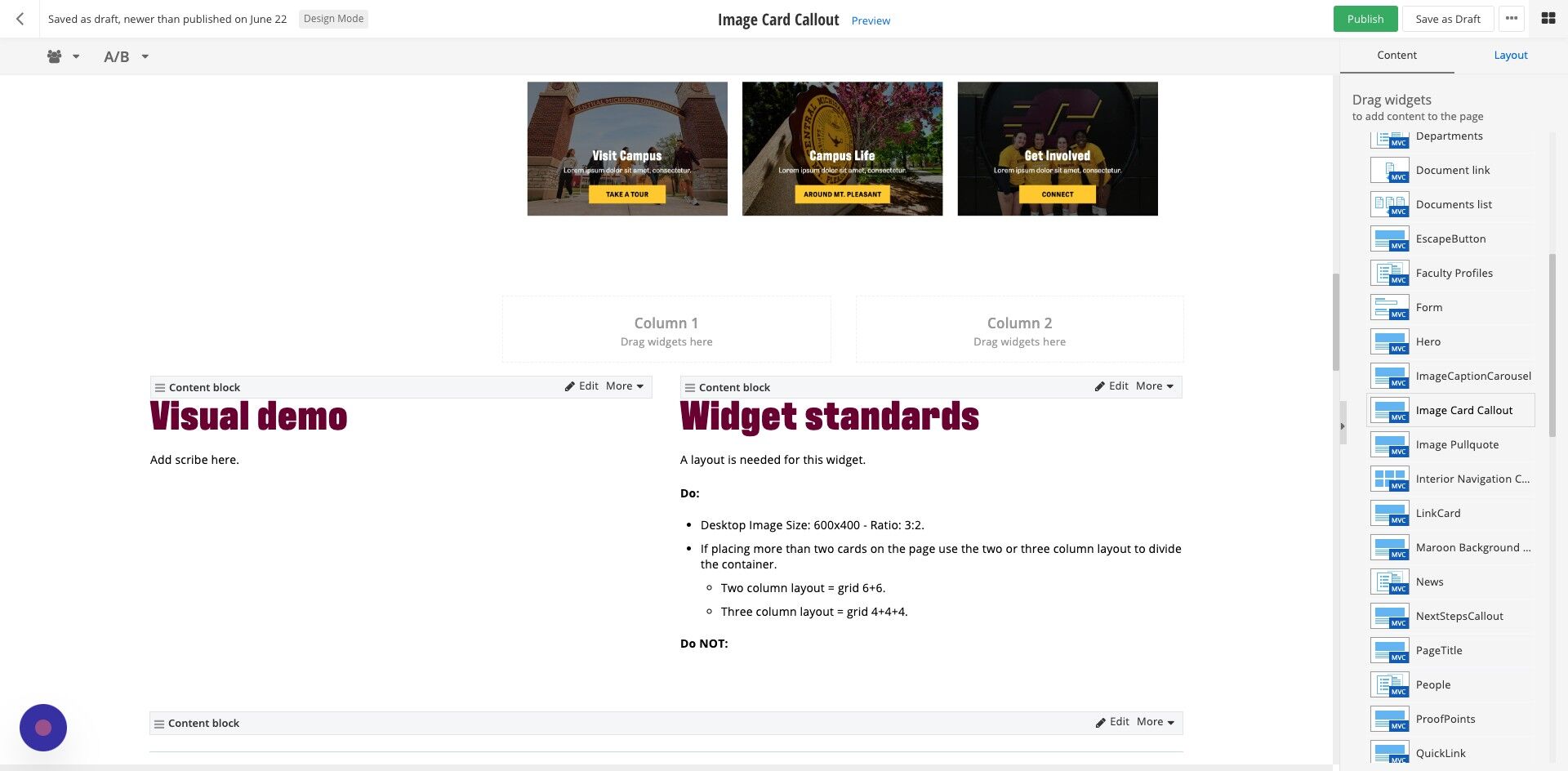 Screenshot of: Insert as many of the Image Card Callout widgets needed into the layout column placed on the page.