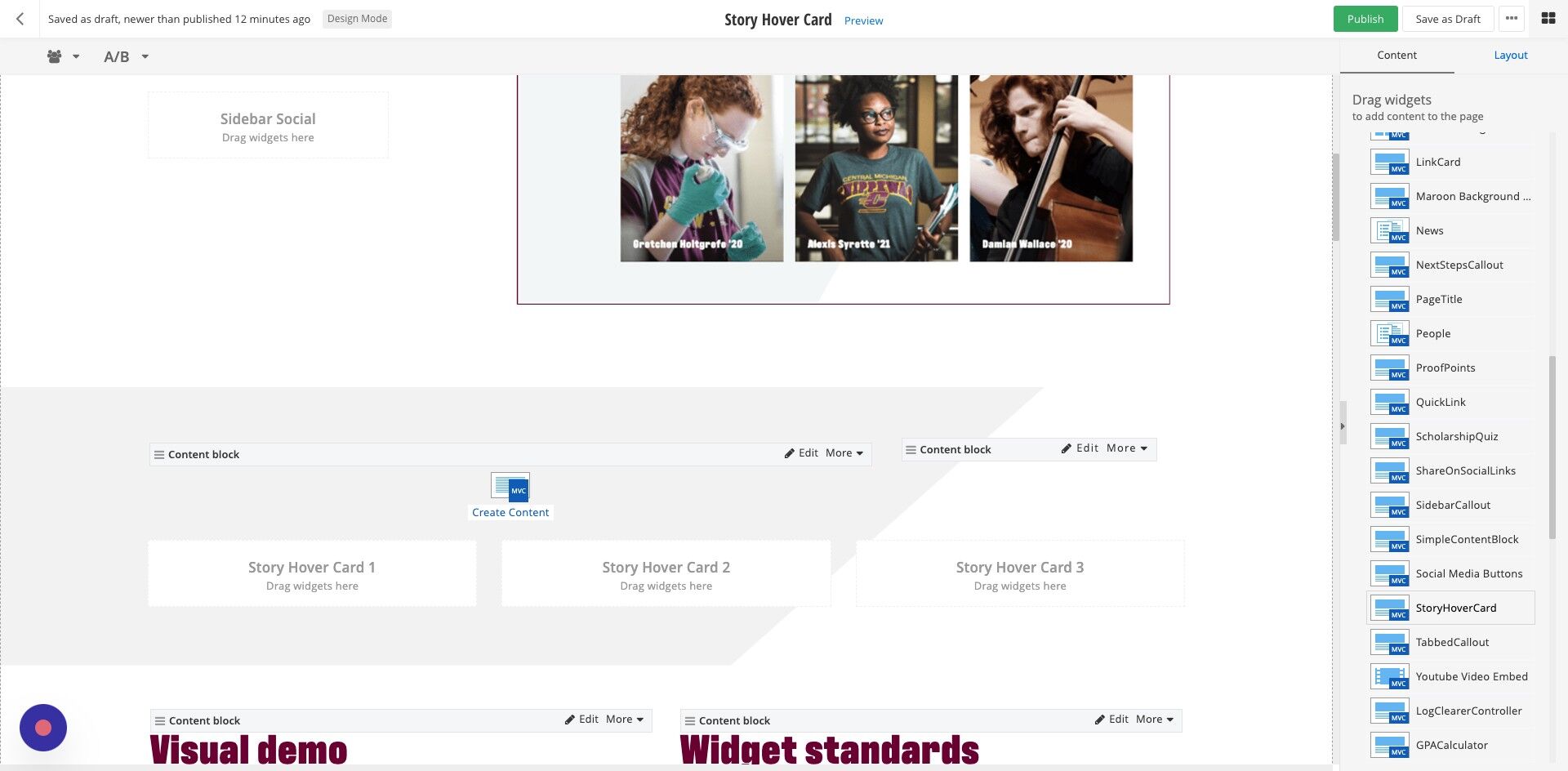 Screenshot of: Add StoryHoverCard widgets into each of the bottom layout containers.